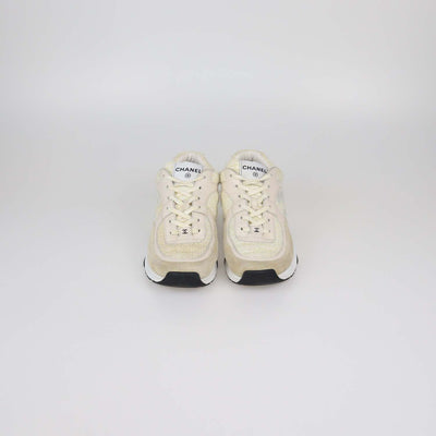Chanel Beige/Yellow Tweed and Leather CC Low Top Sneakers