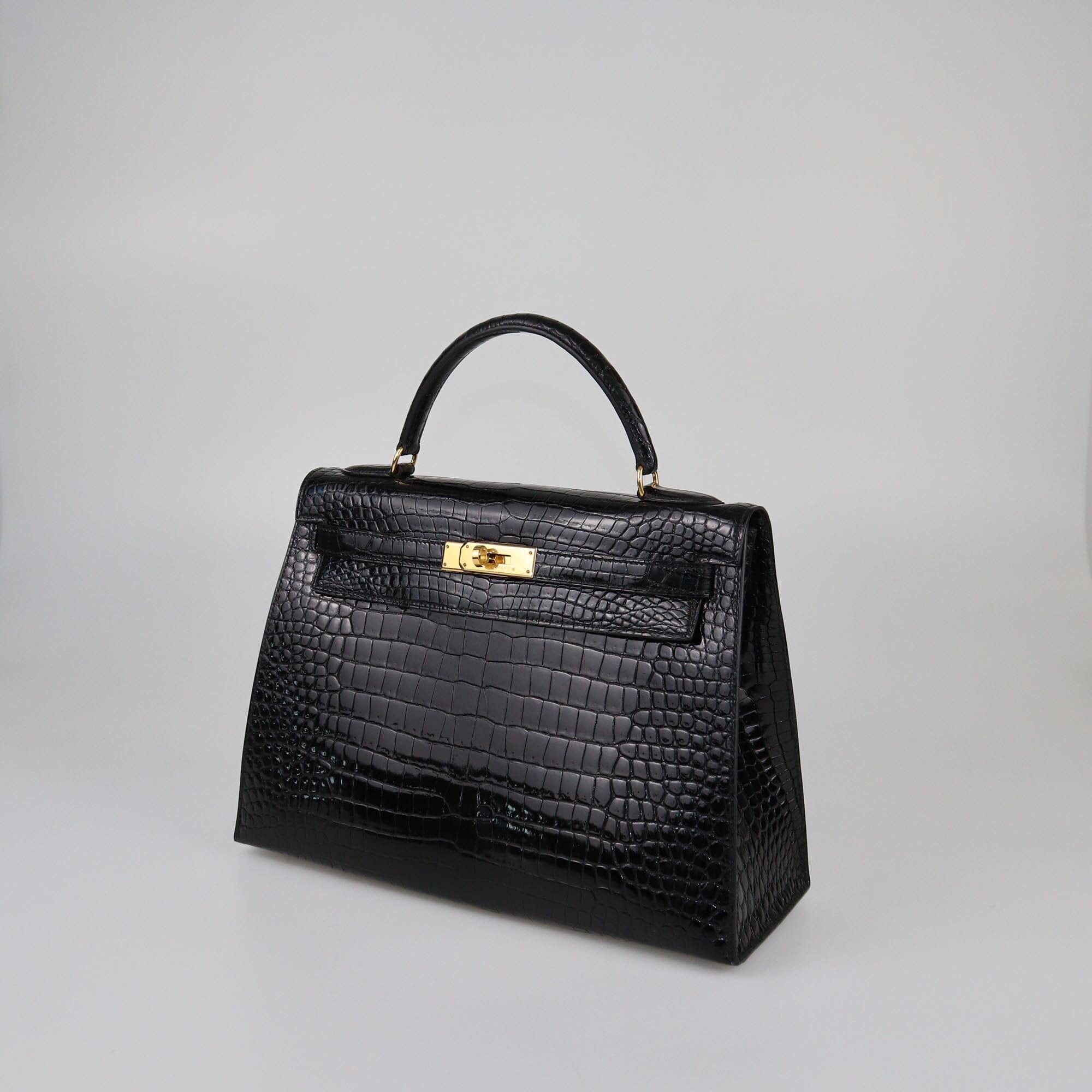 Hermes Black Crocodile Porosus Gold hardware Kelly Sellier 32 Womens Hermes 