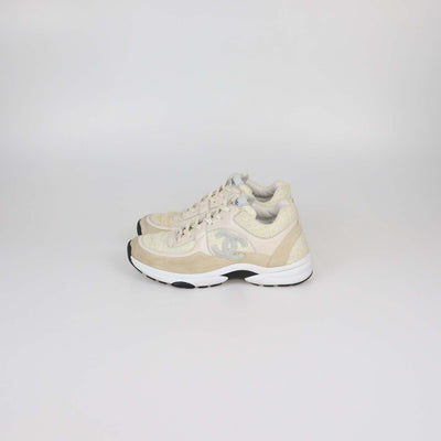 Chanel Beige/Yellow Tweed and Leather CC Low Top Sneakers