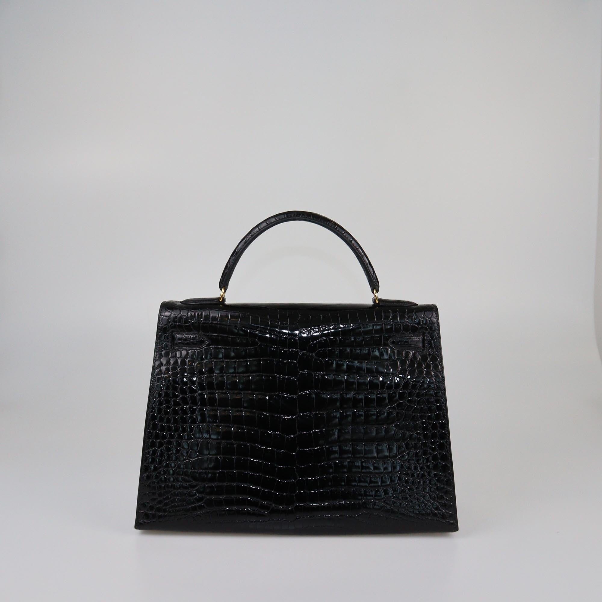 Hermes Black Crocodile Porosus Gold hardware Kelly Sellier 32 Womens Hermes 