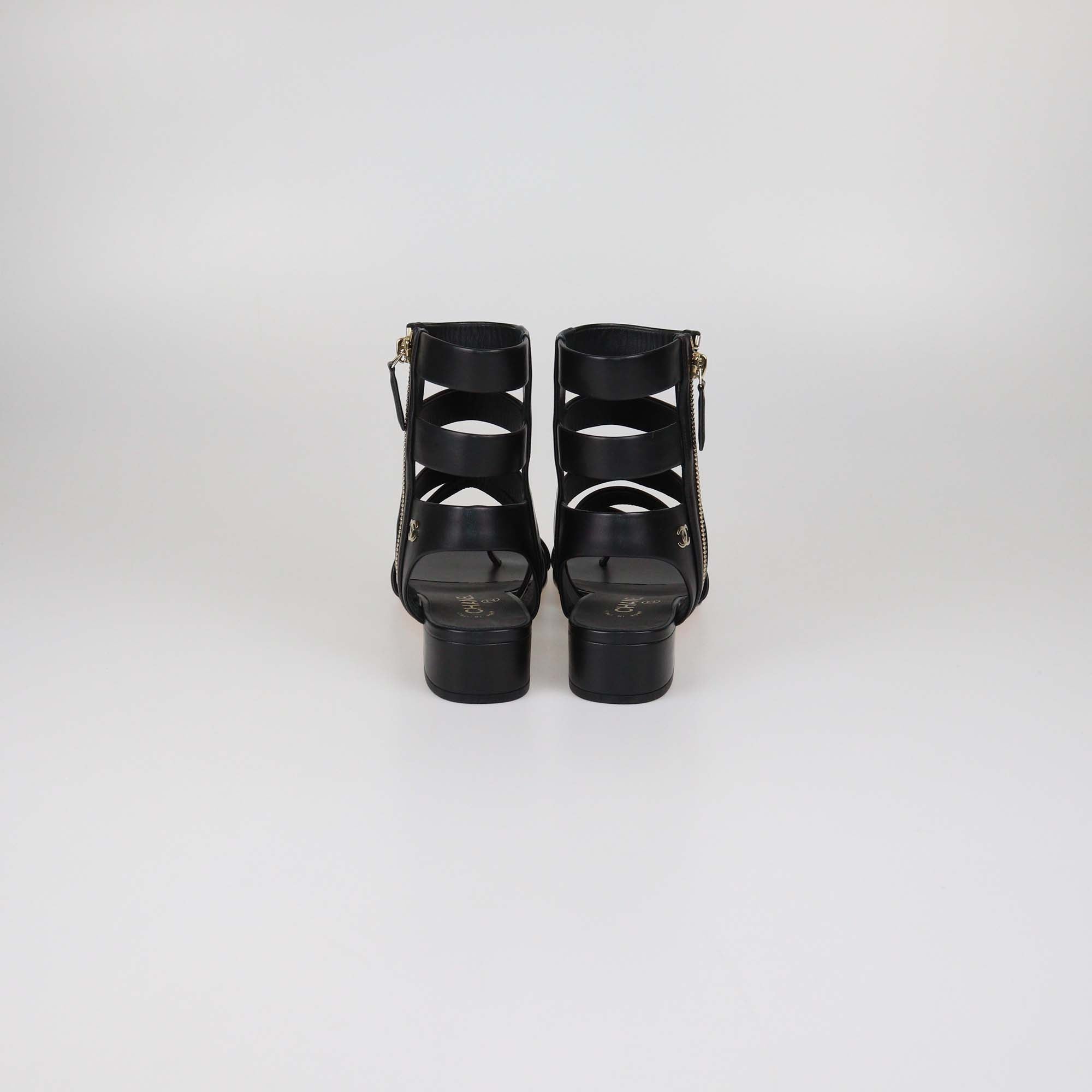 Chanel Black Leather CC Gladiator Flat Sandals