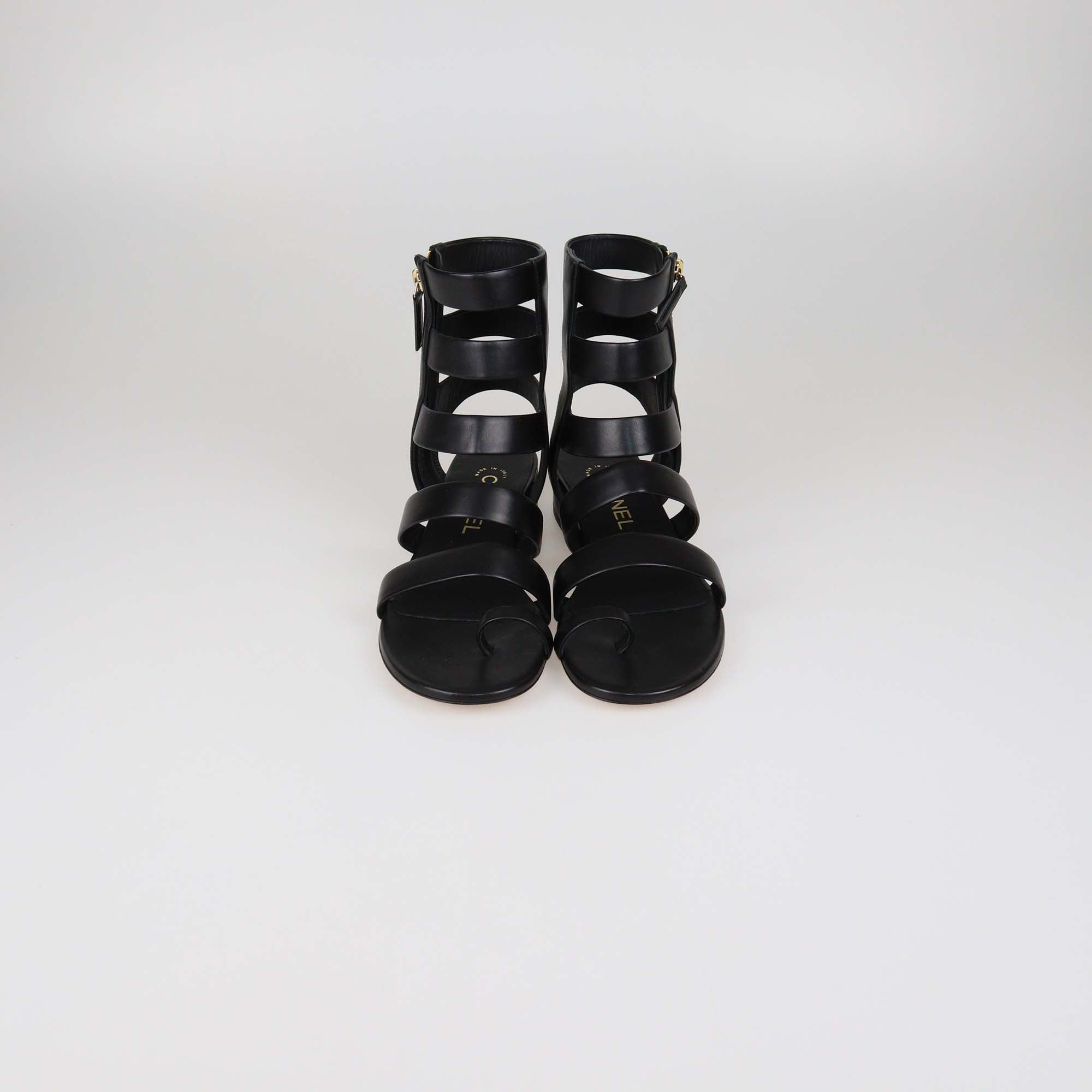 Chanel Black Leather CC Gladiator Flat Sandals
