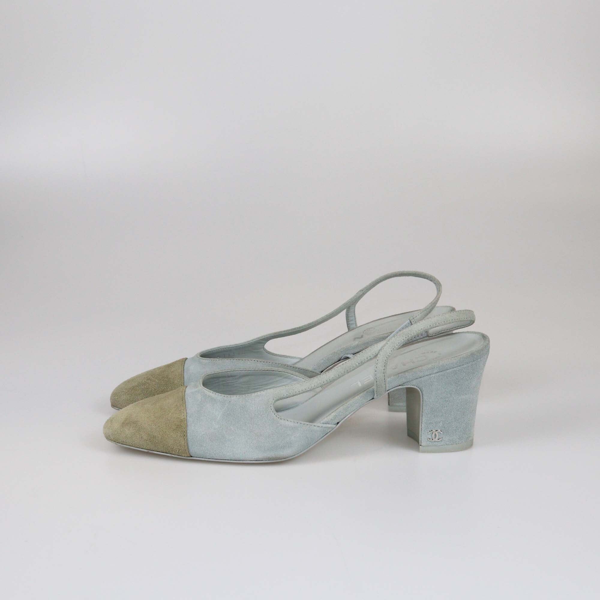 Chanel Suede Grey/Blue Cap Toe Slingback Sandals Womens Chanel 