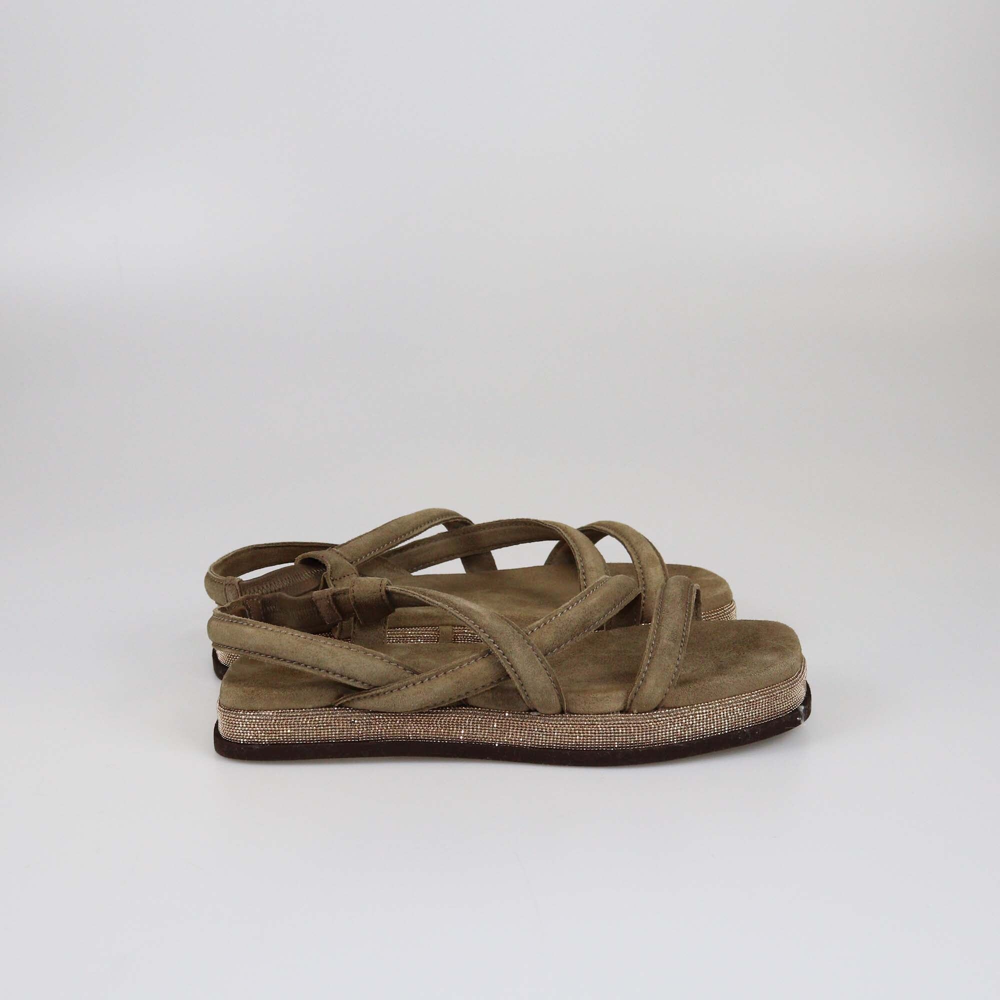 Brunello Cucinelli Brown Crystal Embellished Slingback Flat Sandals Womens Brunello Cucinelli 