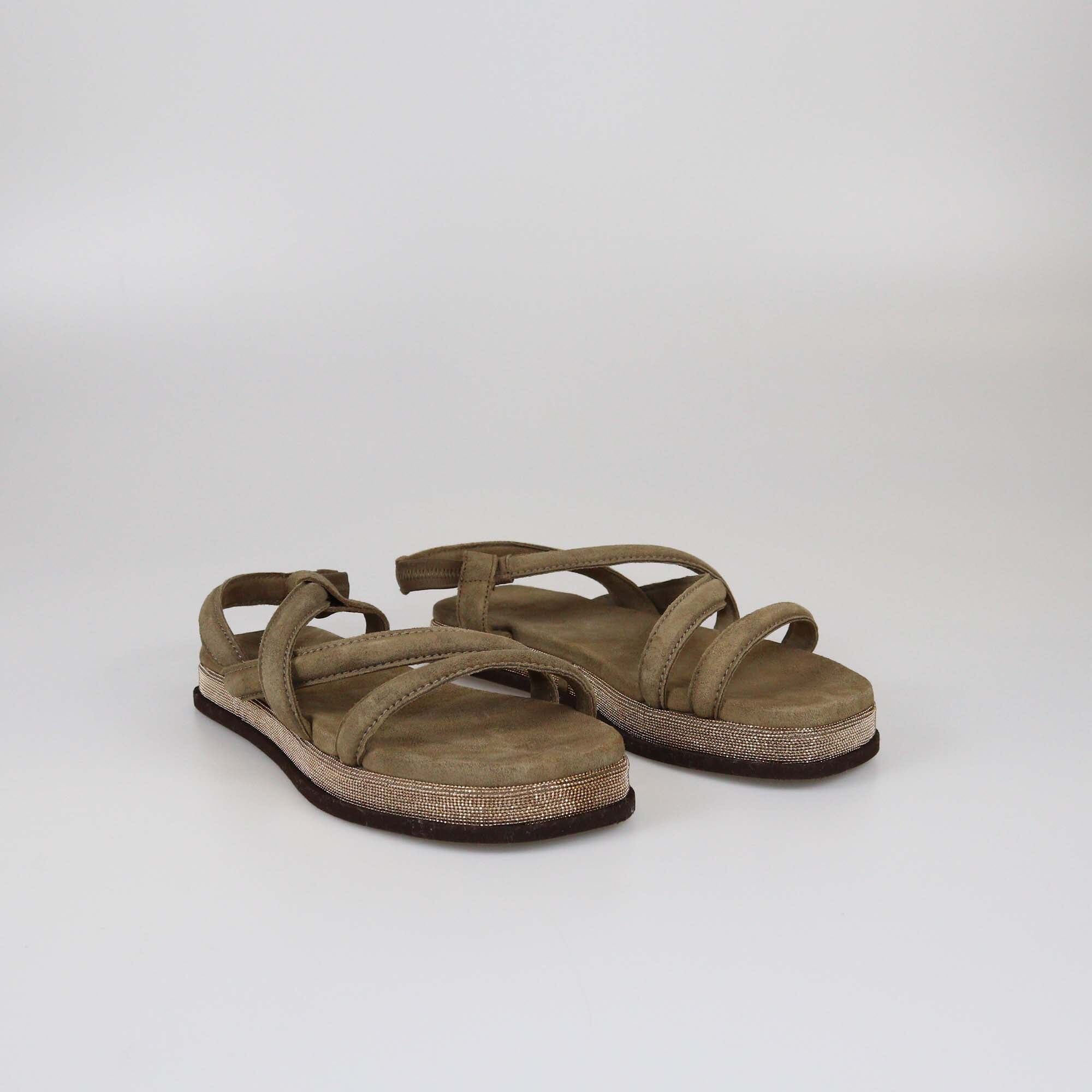 Brunello Cucinelli Brown Crystal Embellished Slingback Flat Sandals Womens Brunello Cucinelli 