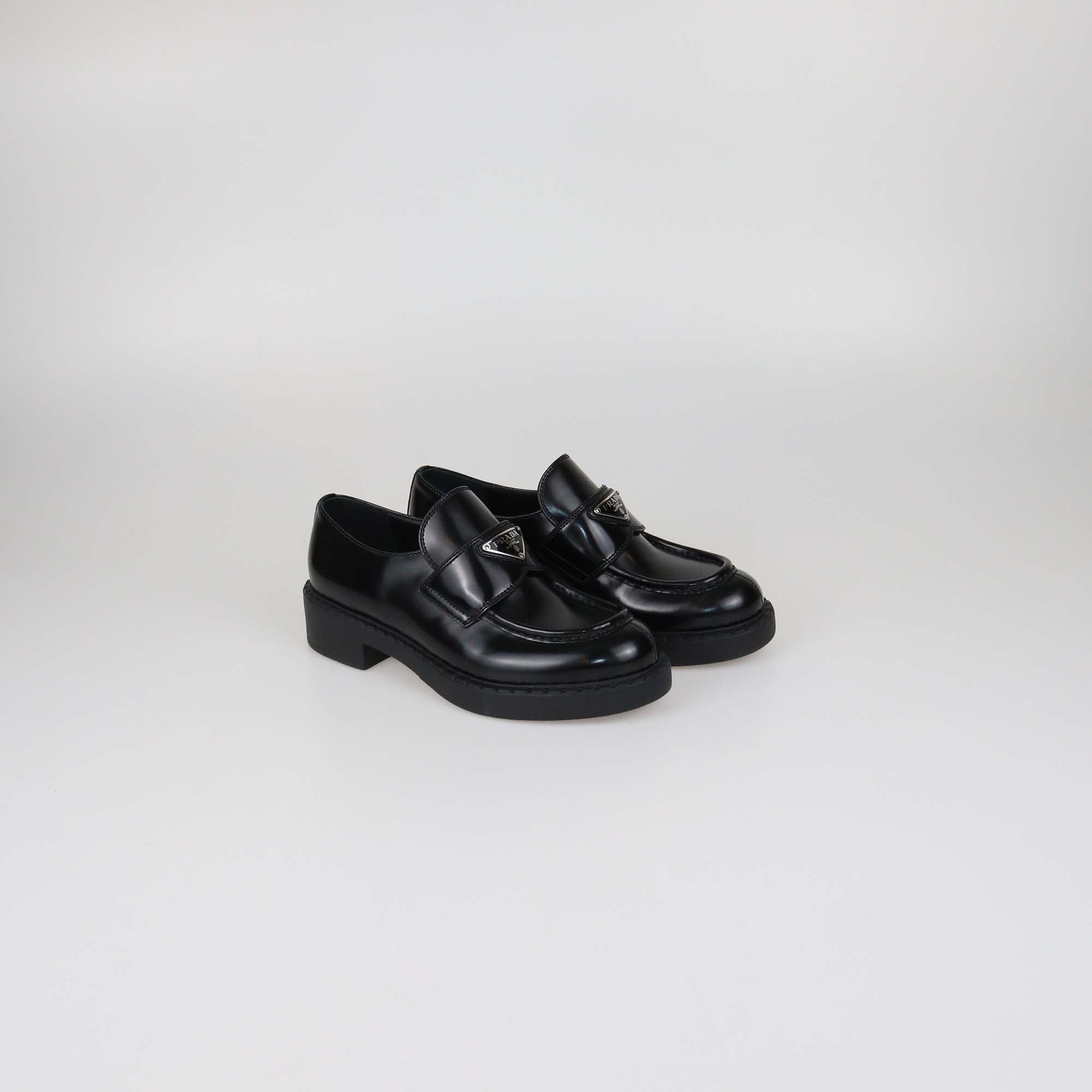 Prada Black Brushed Leather Logo Loafers