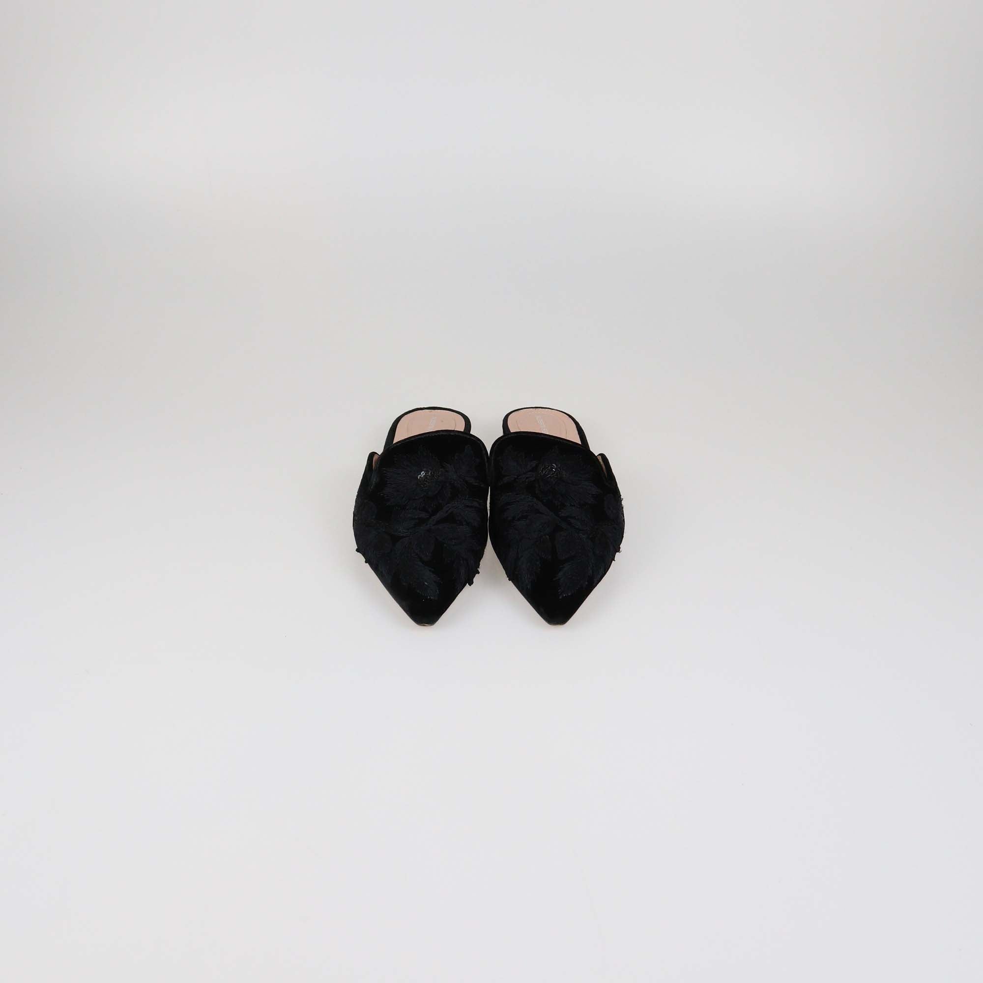 Alberta Ferretti Black Velvet Embroidered Mia Flat Mules