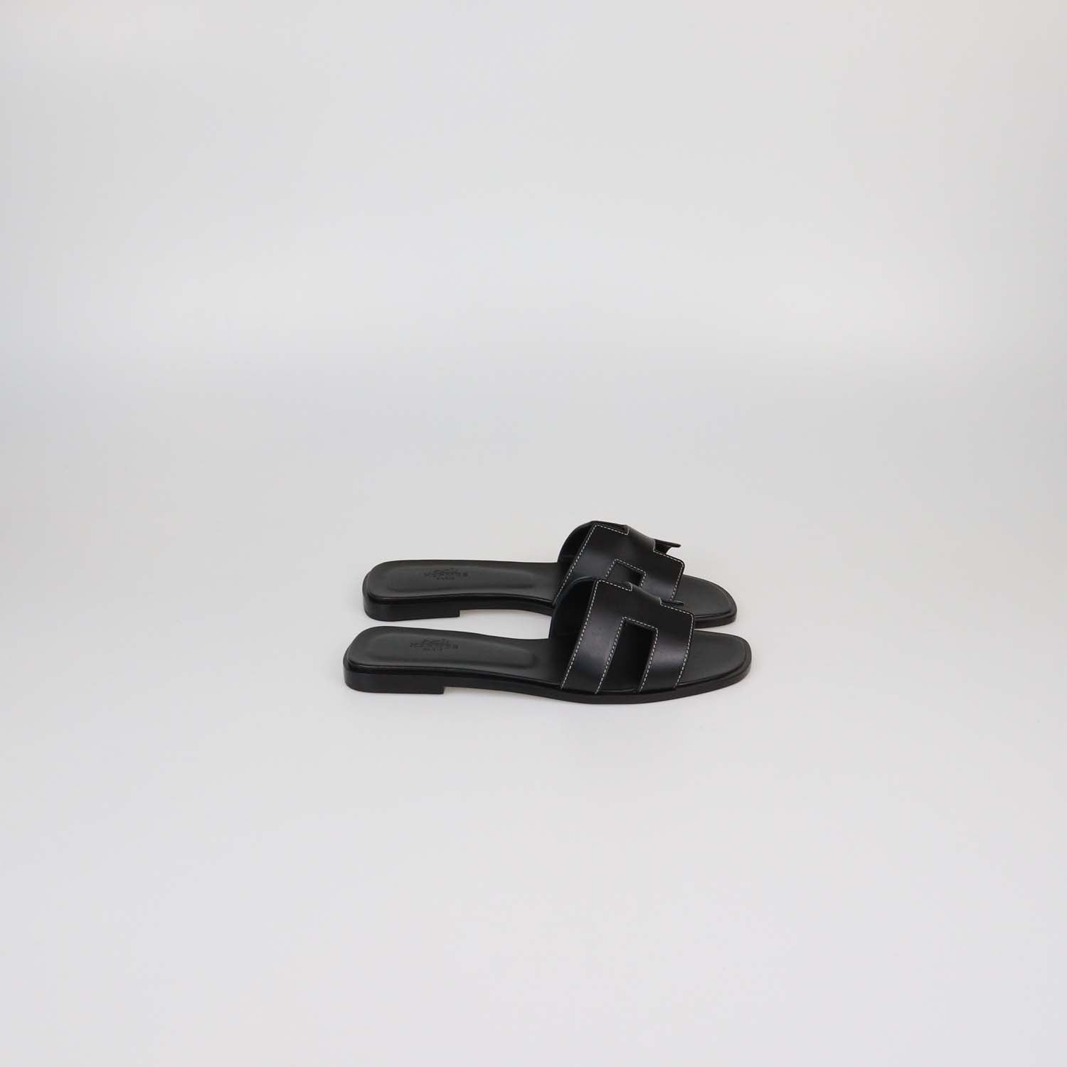 Hermes Black Box Calf Leather Oran Sandals