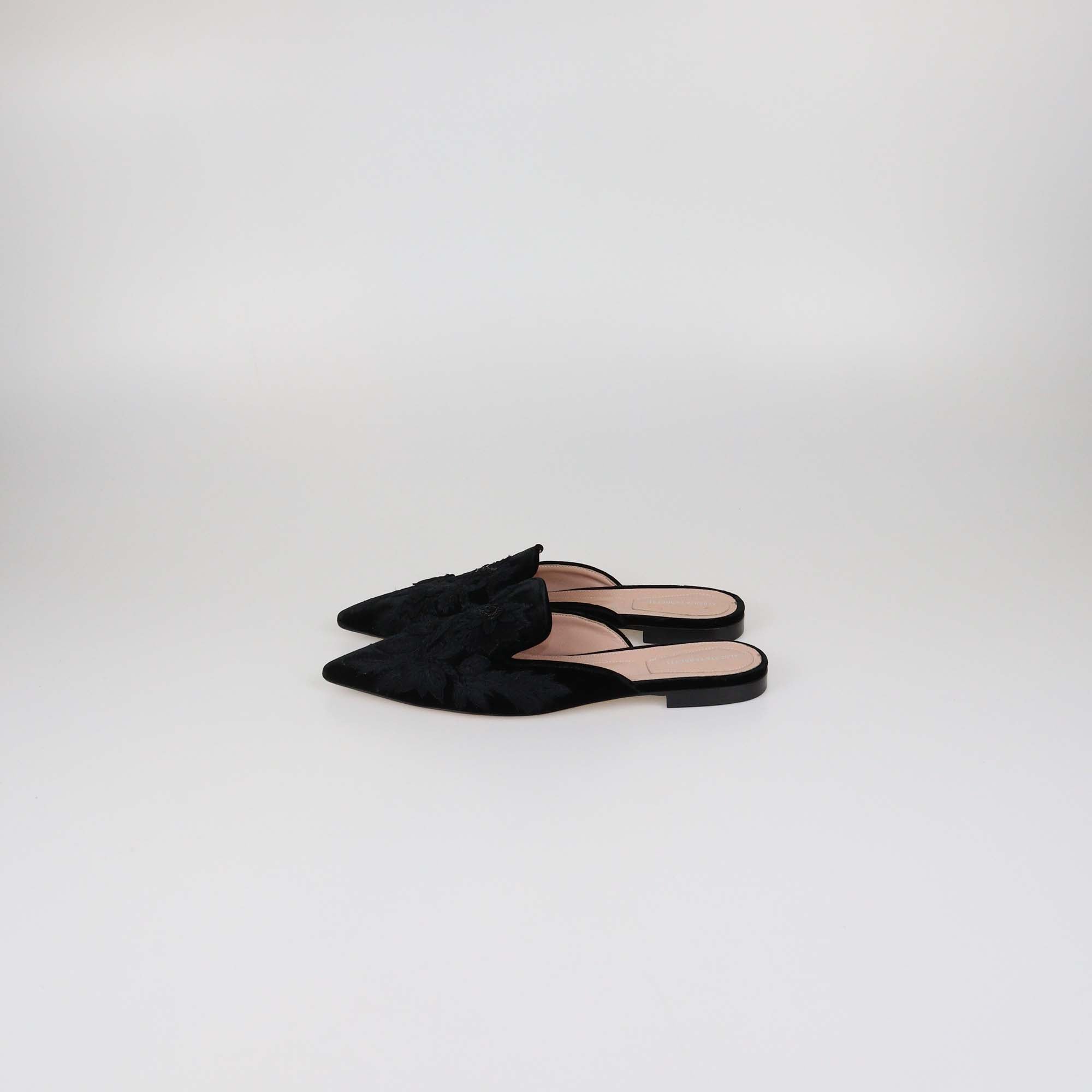 Alberta Ferretti Black Velvet Embroidered Mia Flat Mules
