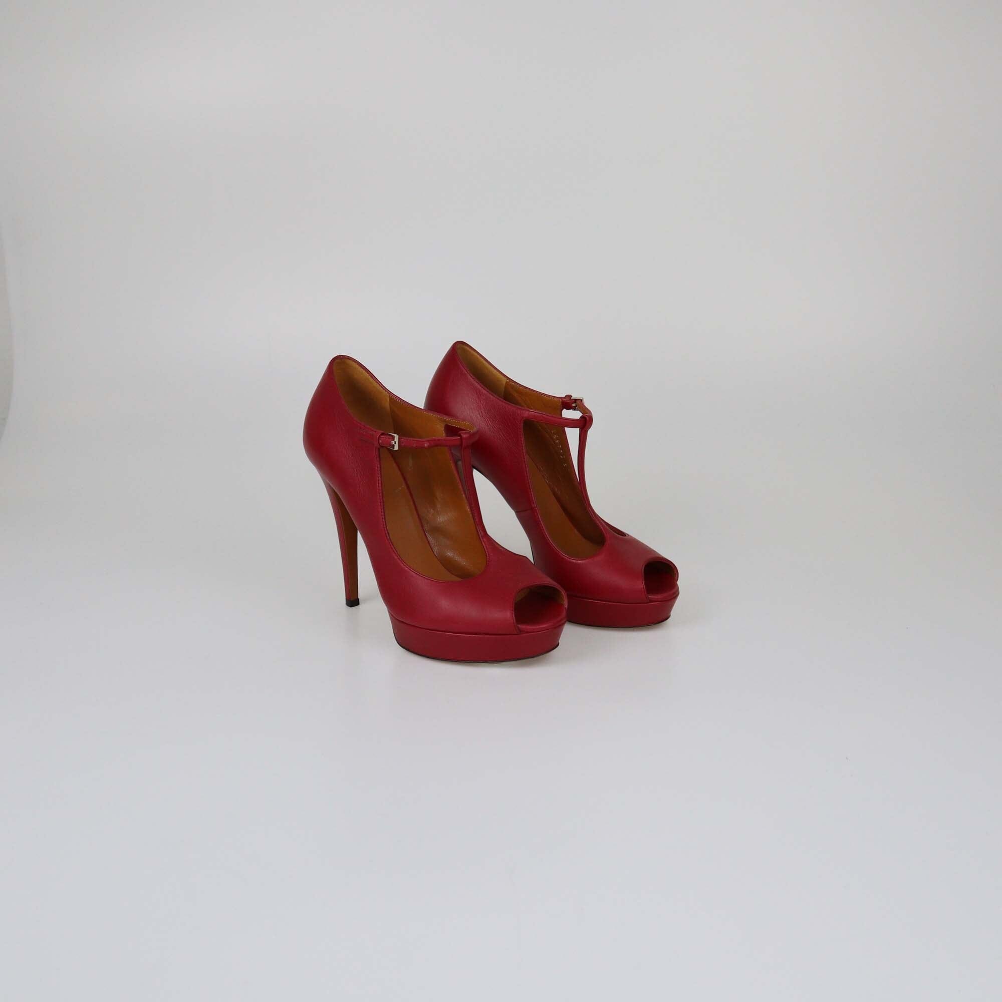 Gucci Red Betty T-Strap Platform Peep Toe Pumps Womens Gucci 