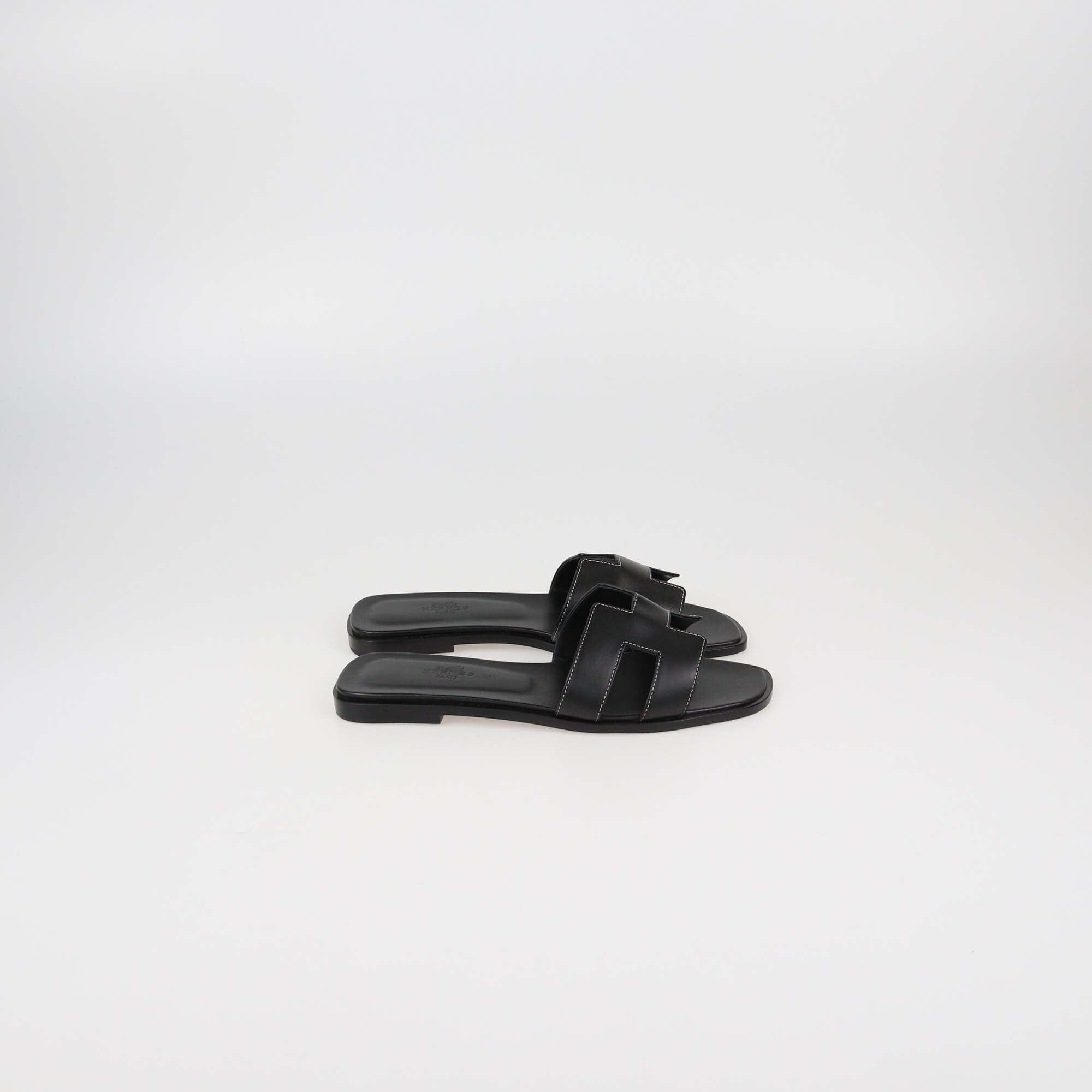 Hermes Black Leather Oran Sandals Womens Hermes 