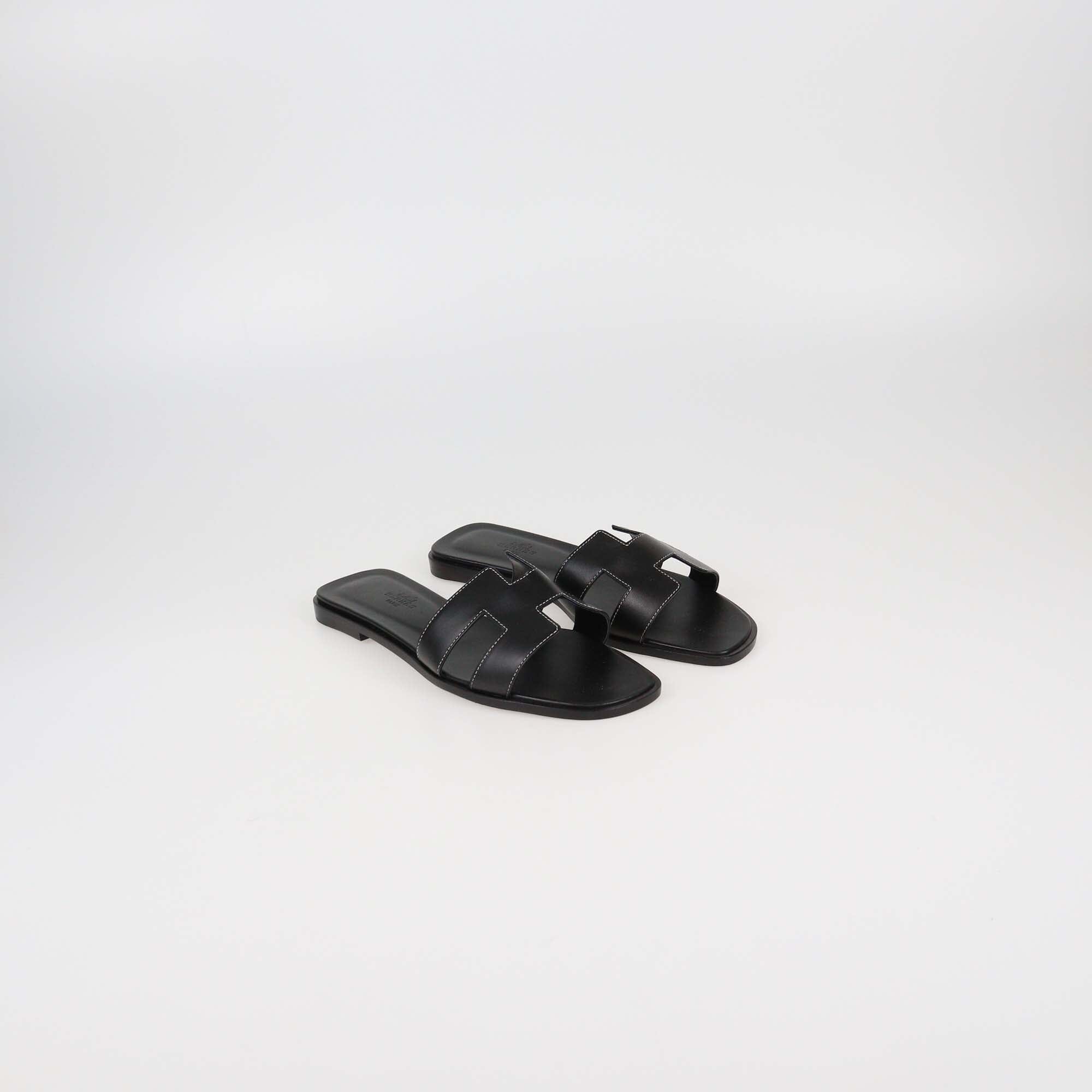 Hermes Black Leather Oran Sandals Womens Hermes 