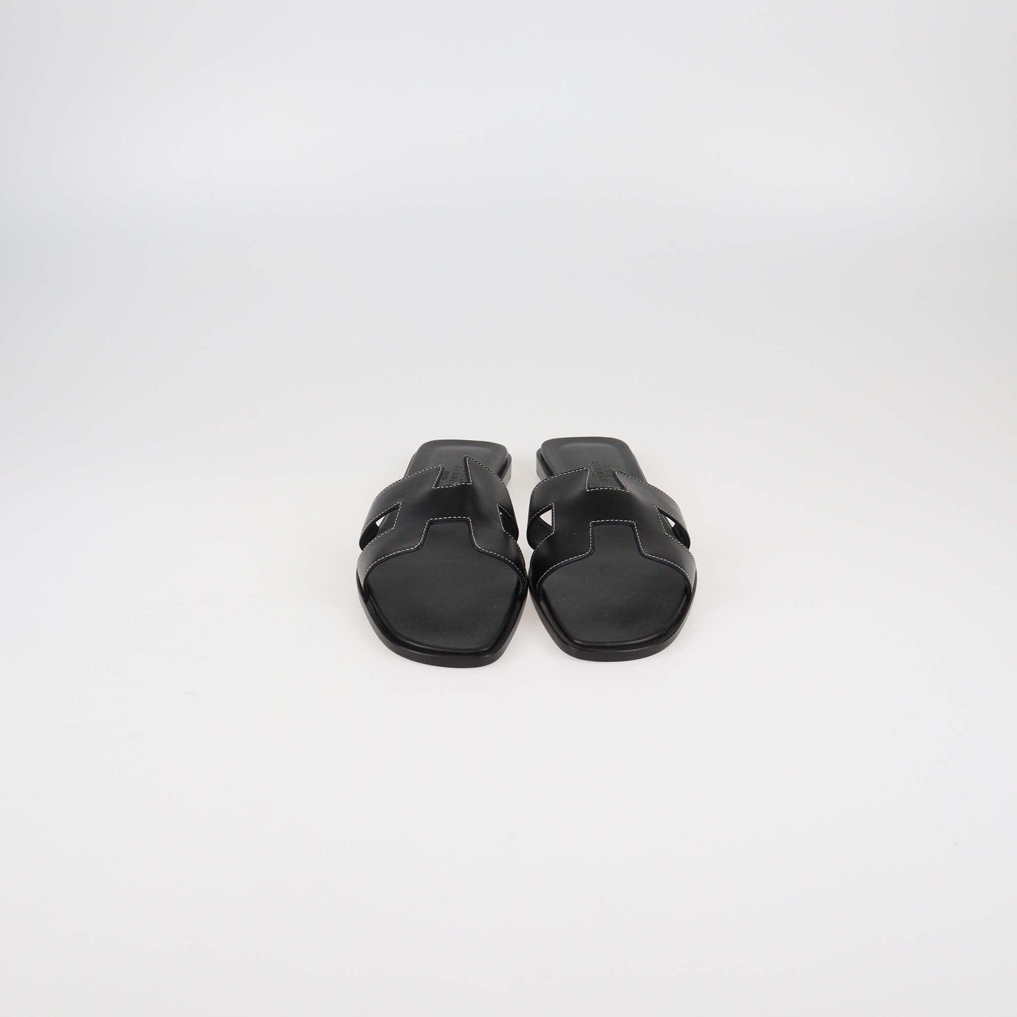 Hermes Black Leather Oran Sandals Womens Hermes 