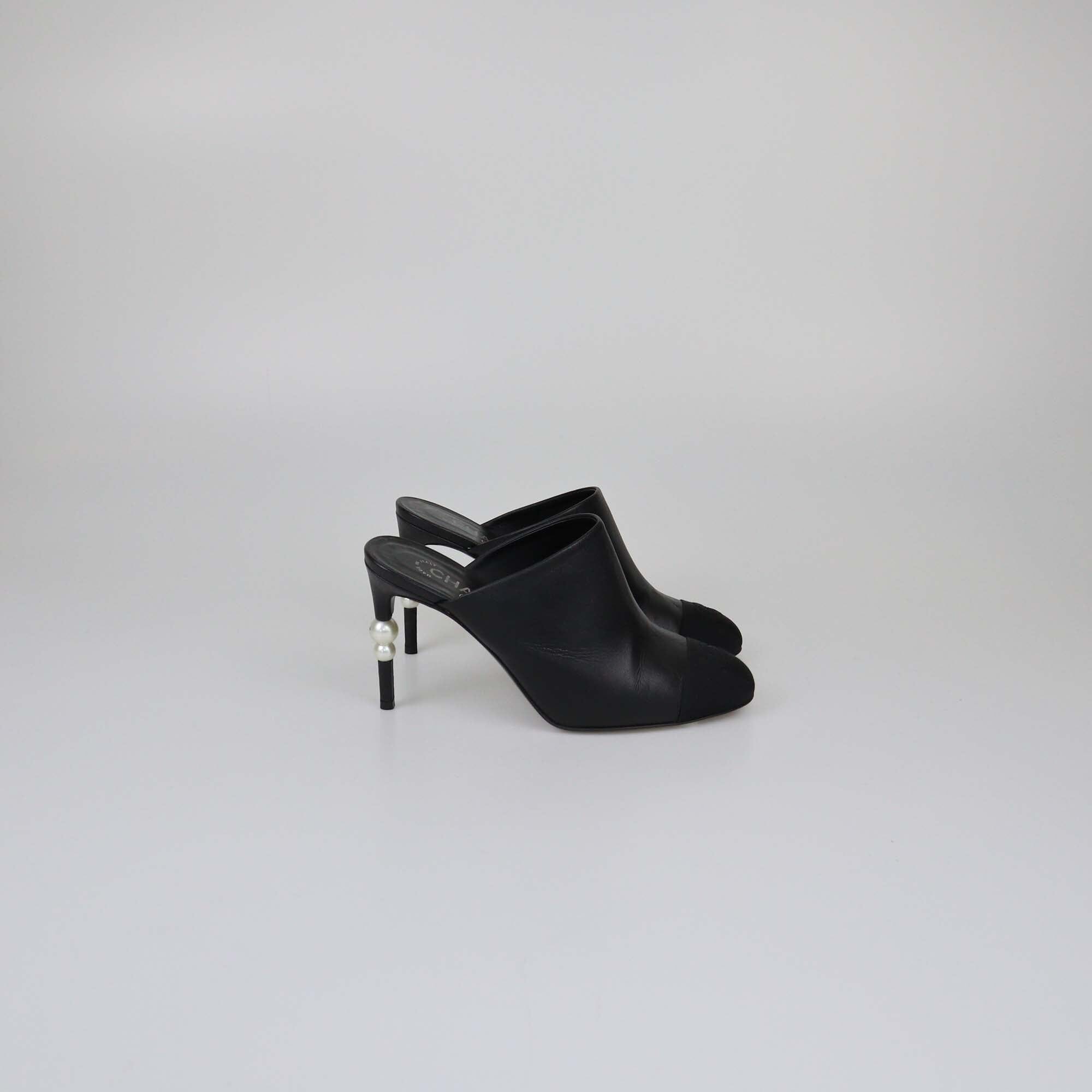 Chanel Black CC Cap Toe Mules Womens Chanel 