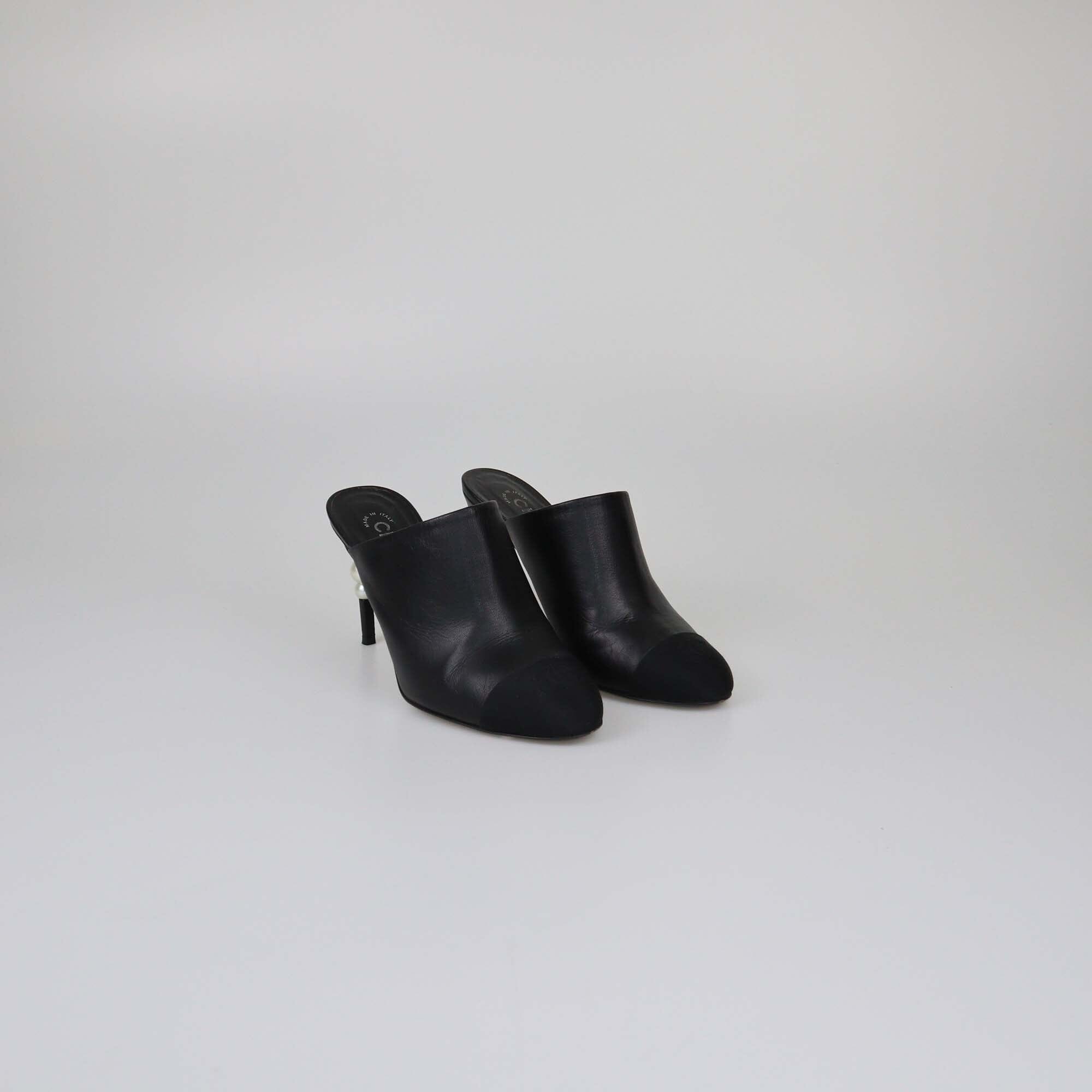 Chanel Black CC Cap Toe Mules Womens Chanel 