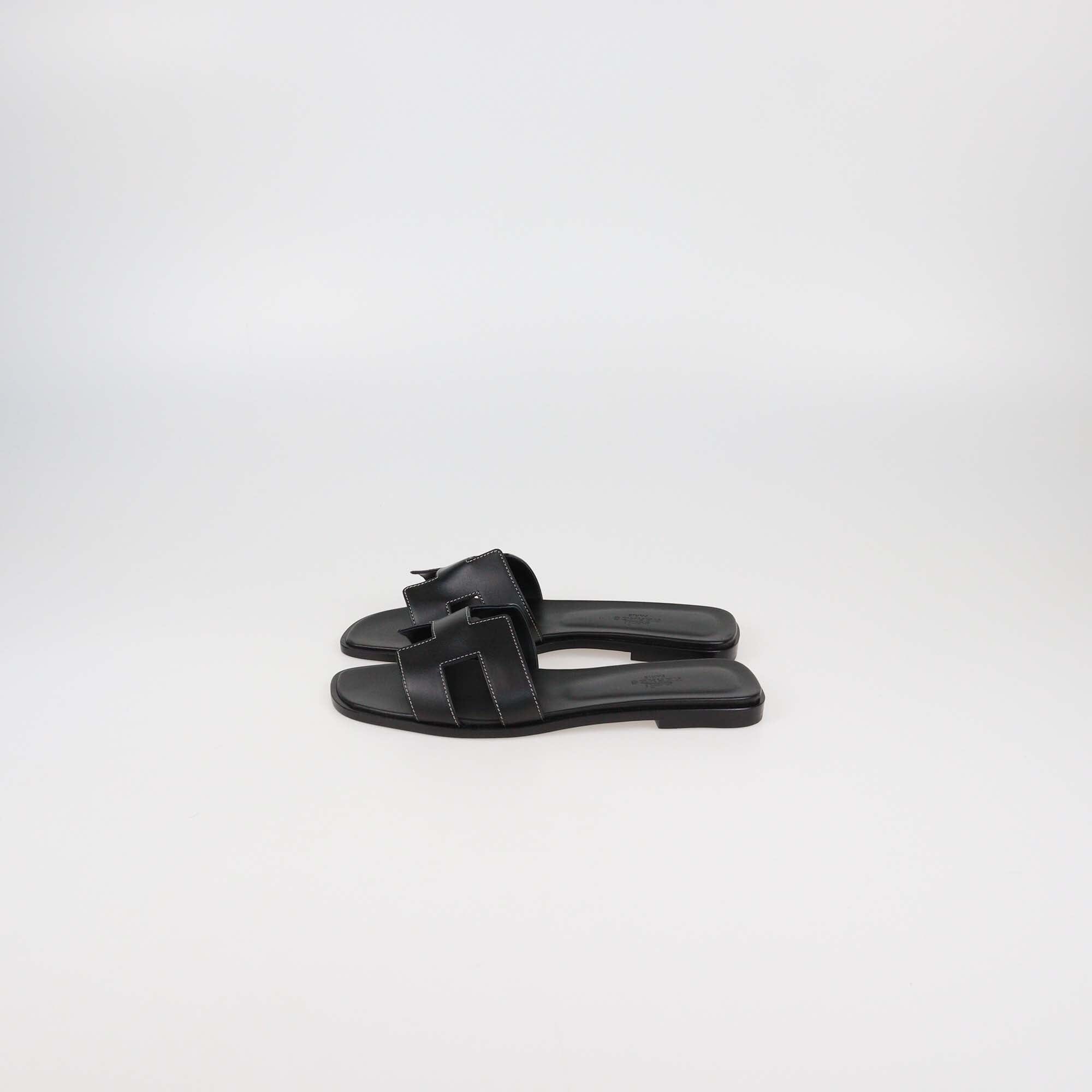 Hermes Black Leather Oran Sandals Womens Hermes 
