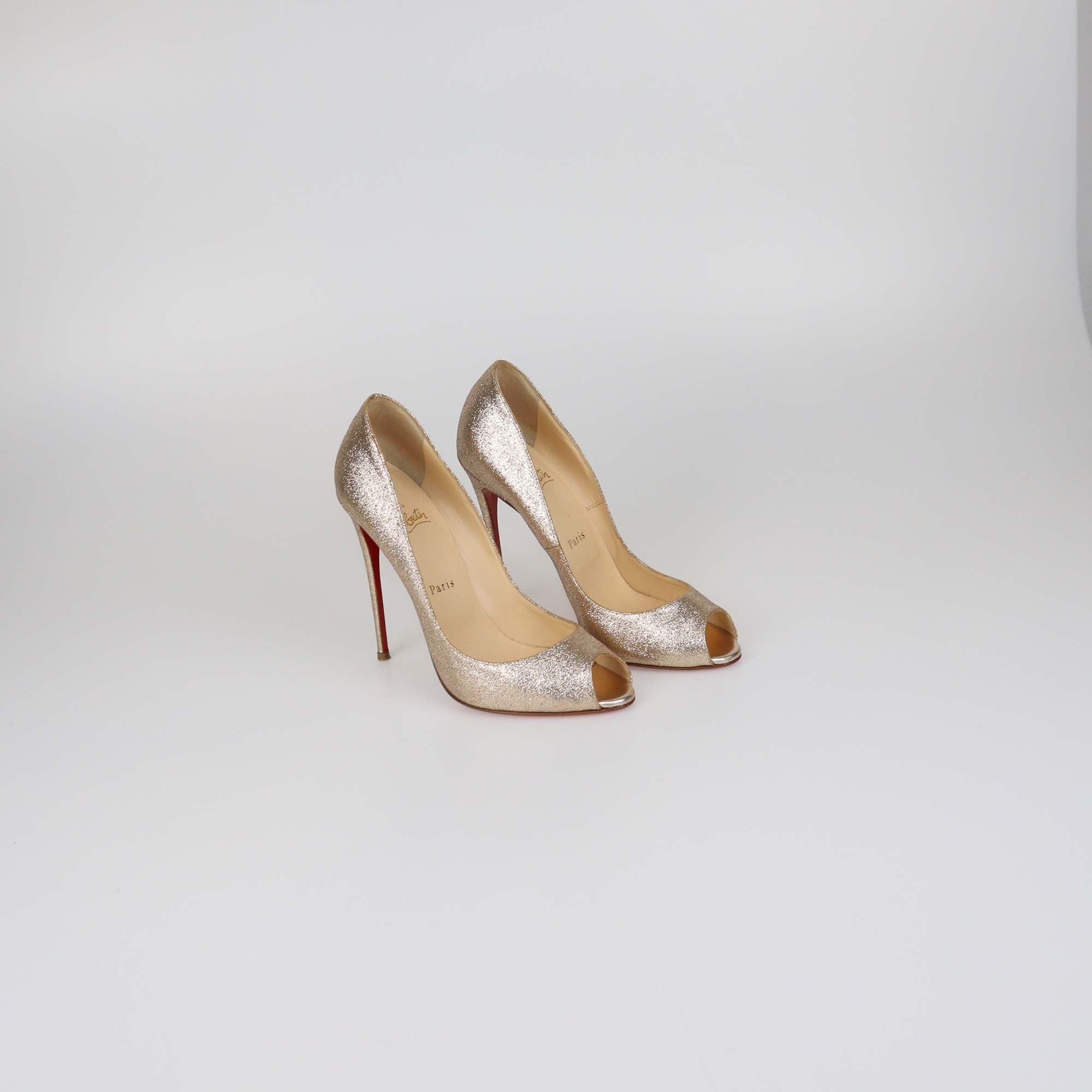 Christian Louboutin Rose Gold Glitter Youpi Peep Toe Pumps