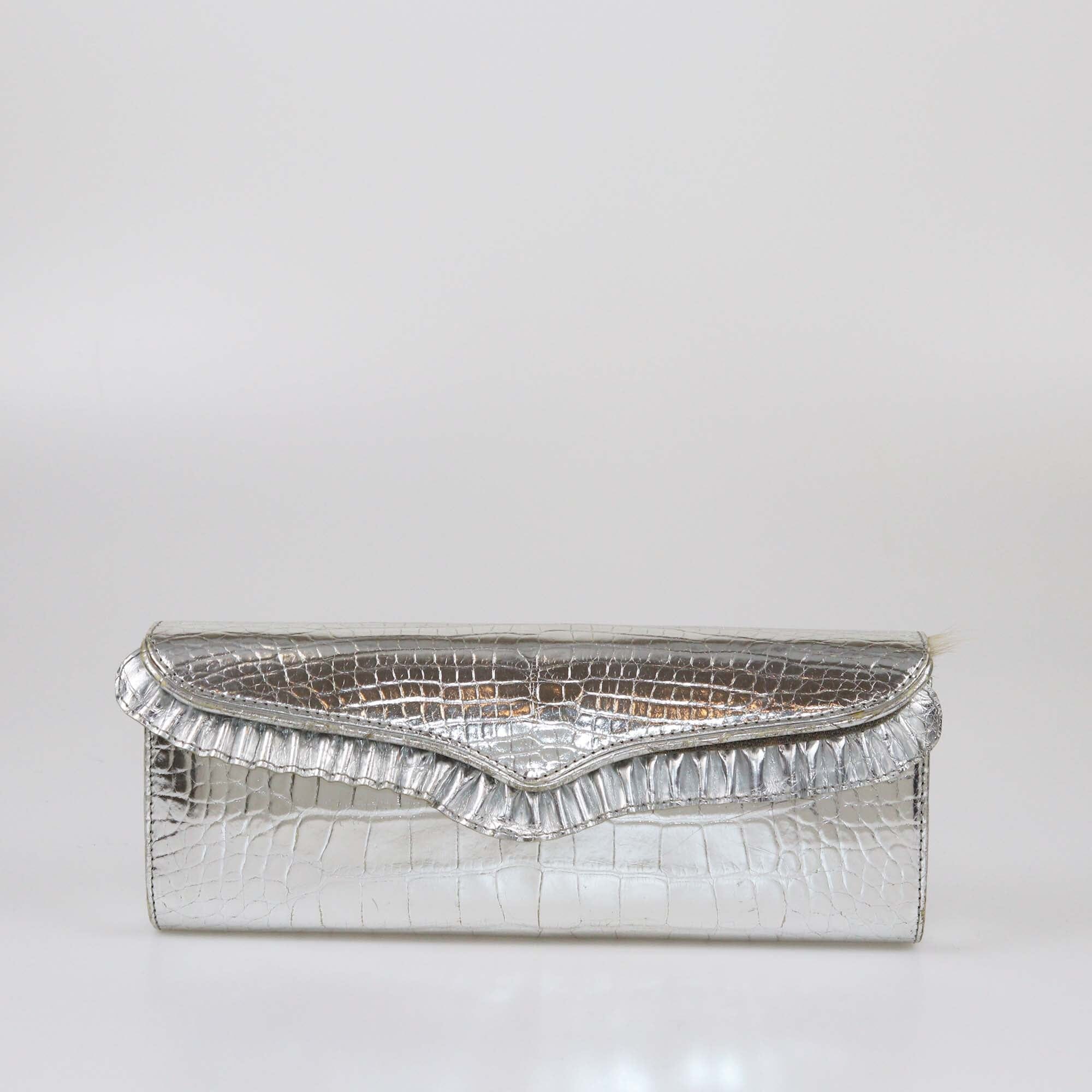 Lara Marks Metallic Silver Croc Embossed Leather Cleopatra Clutch Womens Lana Marks 