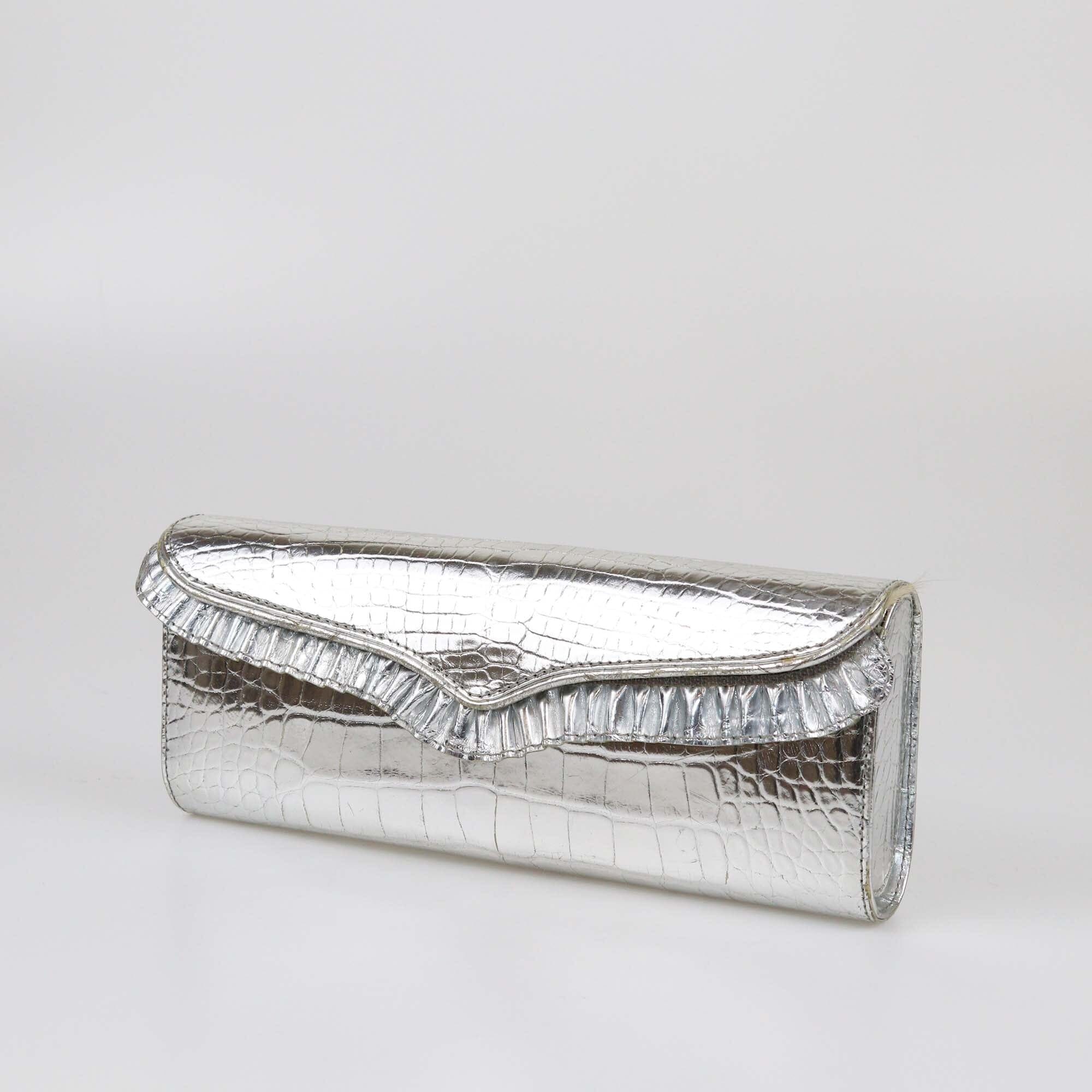 Lara Marks Metallic Silver Croc Embossed Leather Cleopatra Clutch Womens Lana Marks 