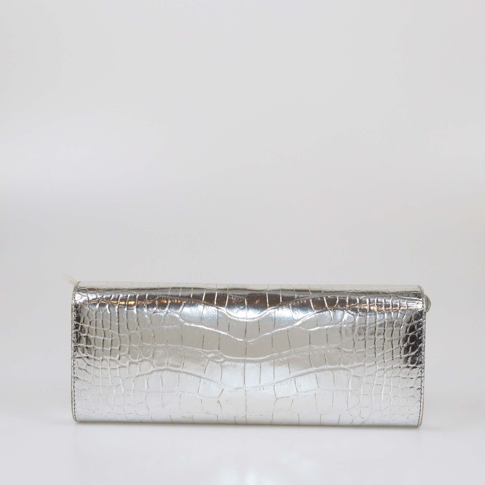 Lara Marks Metallic Silver Croc Embossed Leather Cleopatra Clutch Womens Lana Marks 