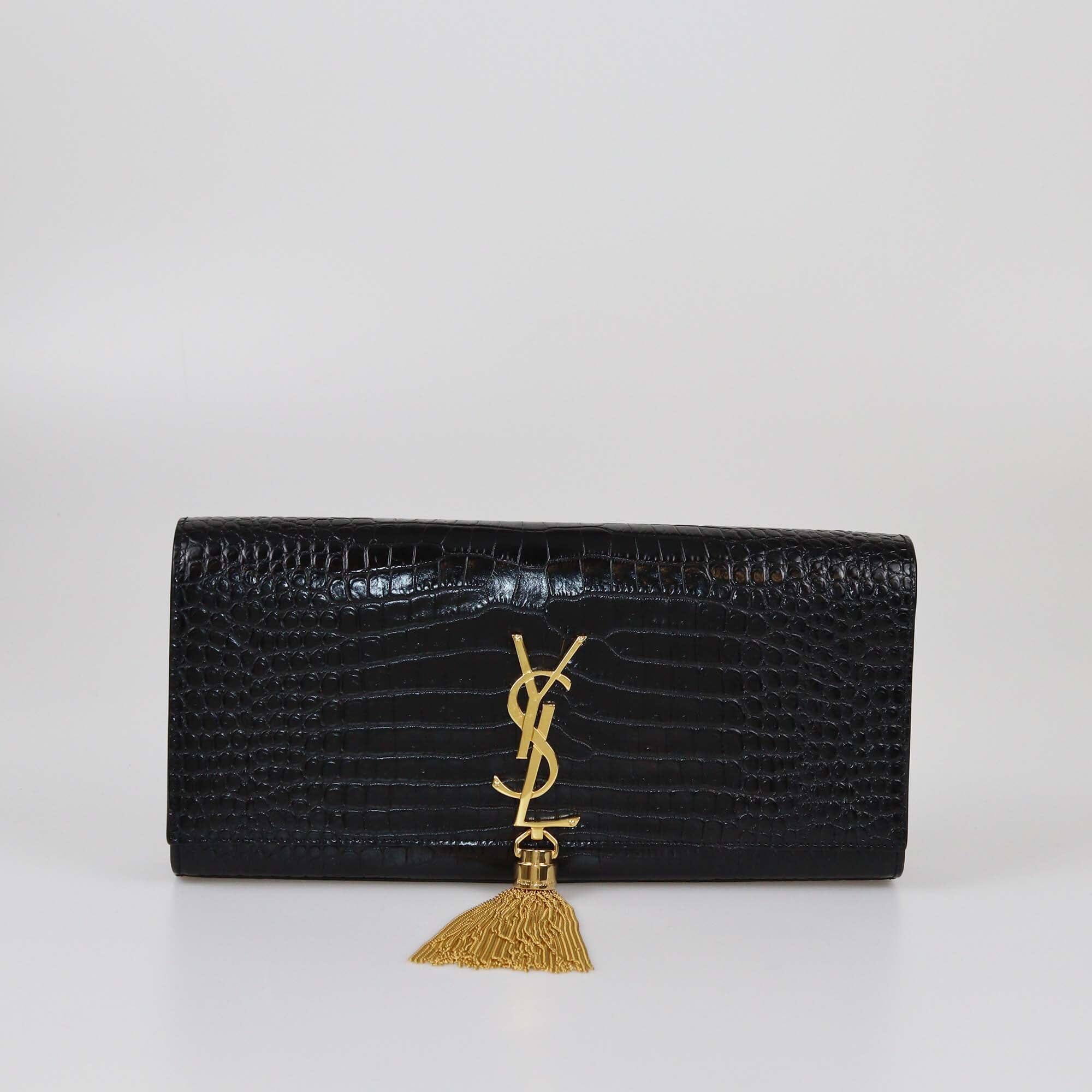 Saint Laurent Black Croc Embossed Kate Tassel Clutch Womens Saint Laurent 