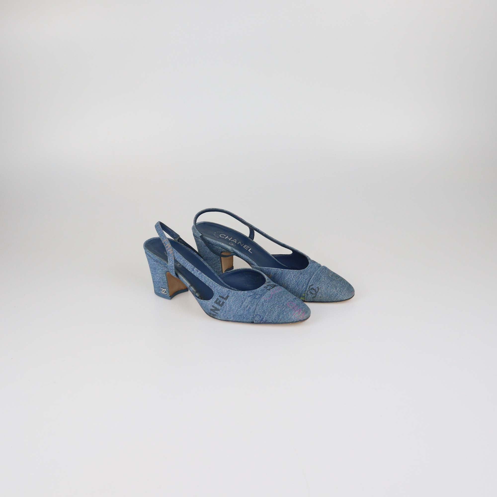 Chanel Blue Denim Printed Slingback Cap Toe Pumps