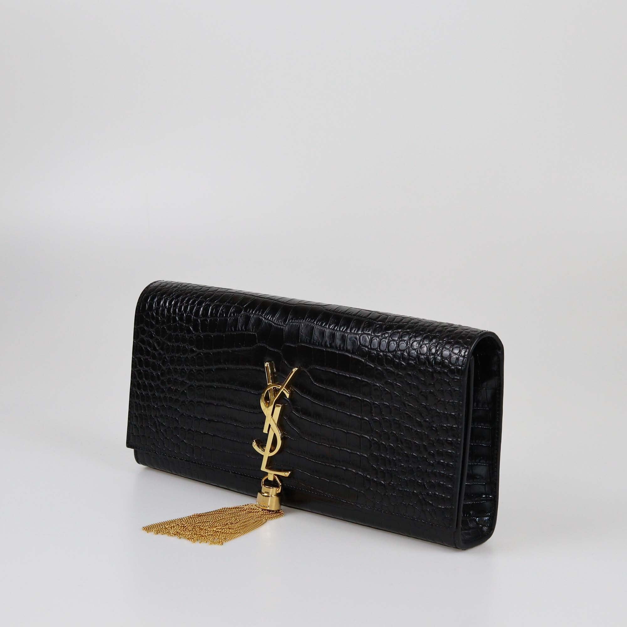 Saint Laurent Black Croc Embossed Kate Tassel Clutch Womens Saint Laurent 