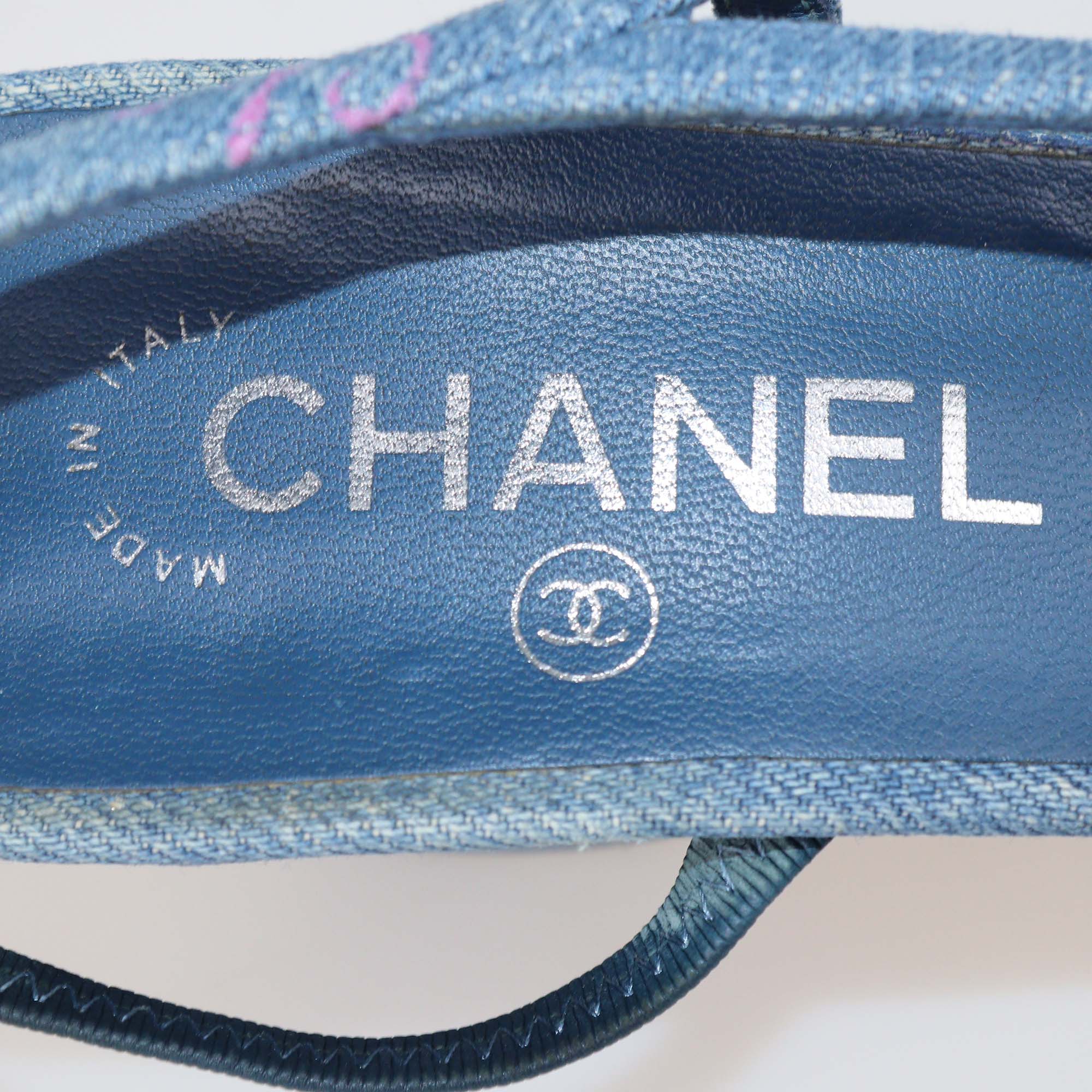 Chanel Blue Denim Printed Slingback Cap Toe Pumps