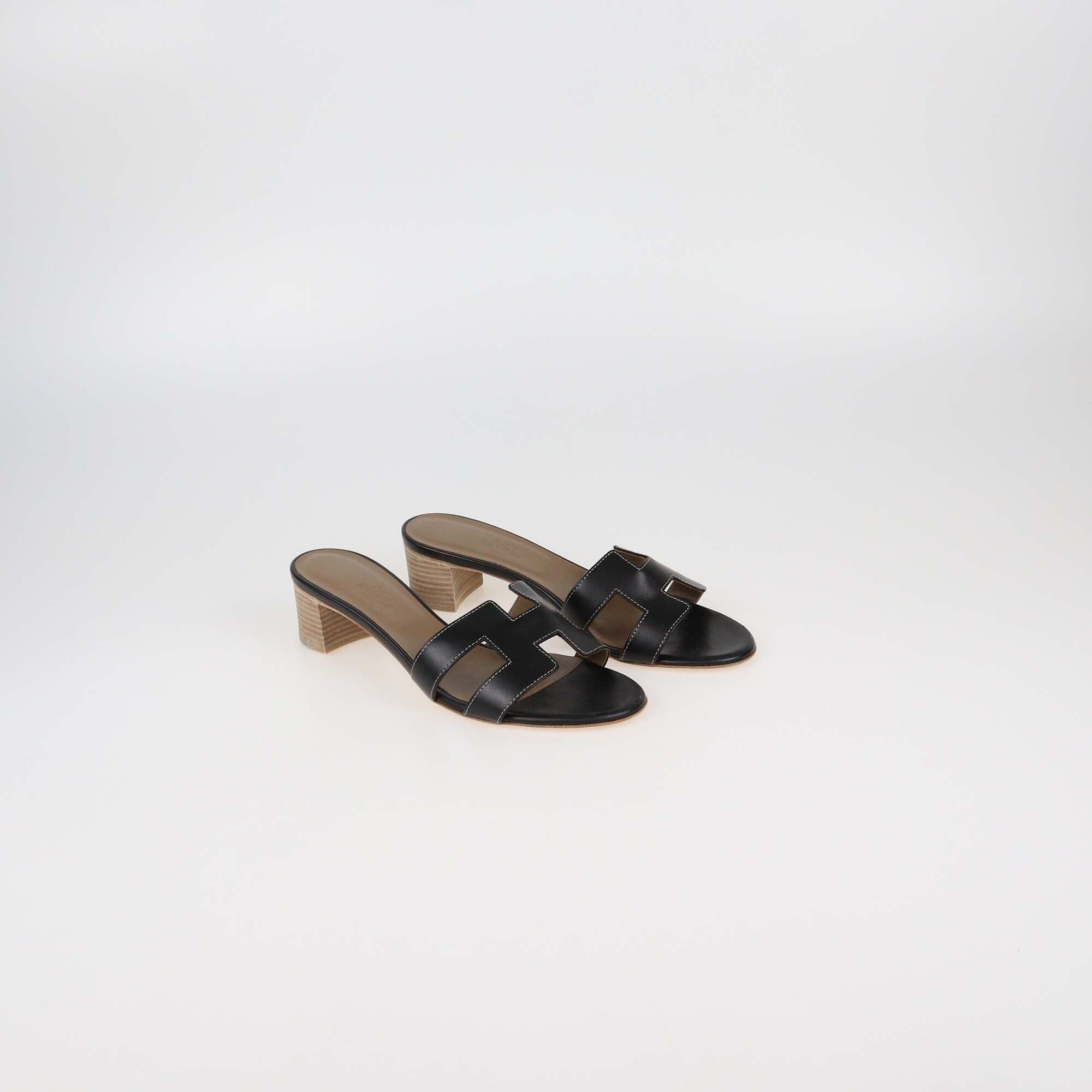 Hermes Black Leather Oasis Sandals Womens Hermes 