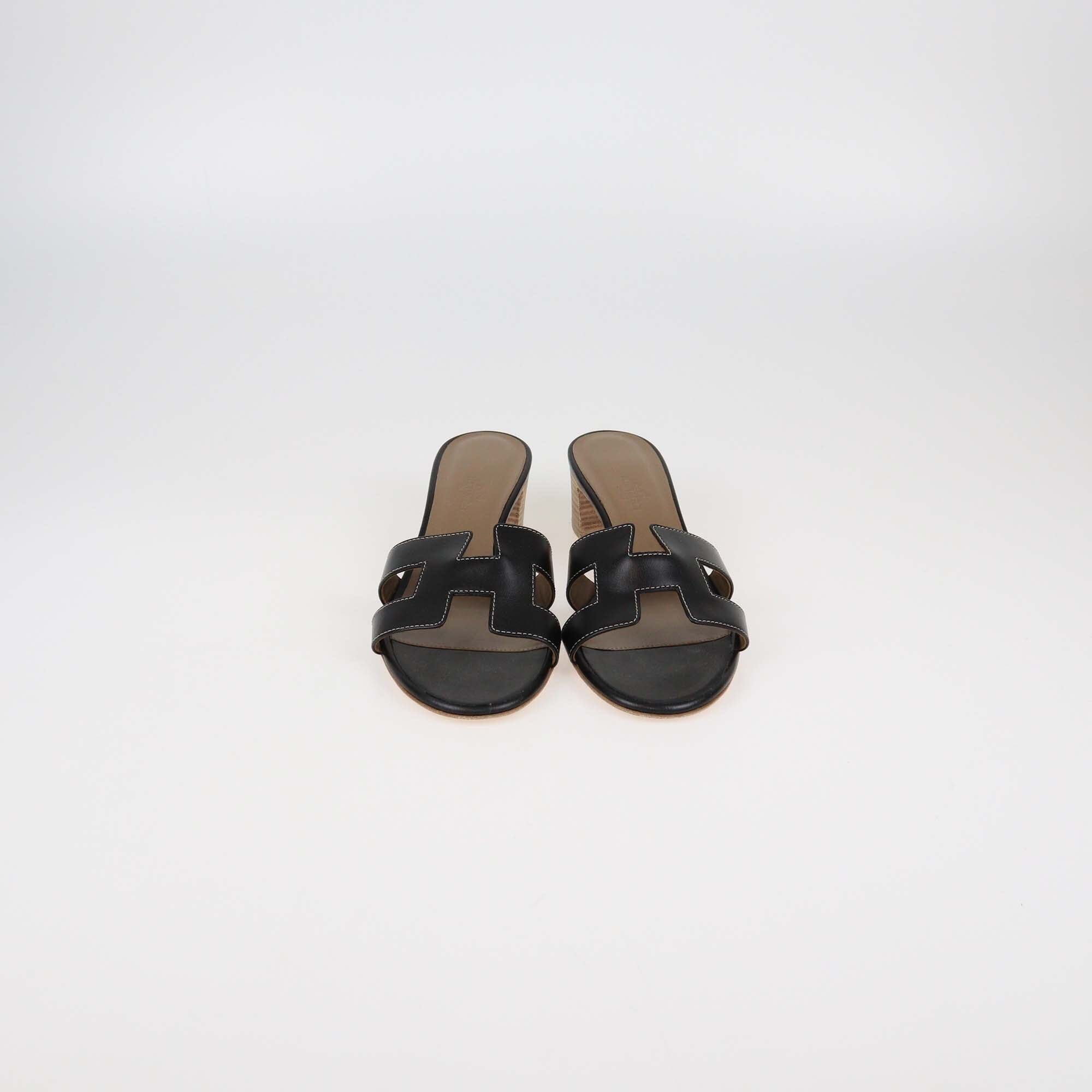 Hermes Black Leather Oasis Sandals Womens Hermes 