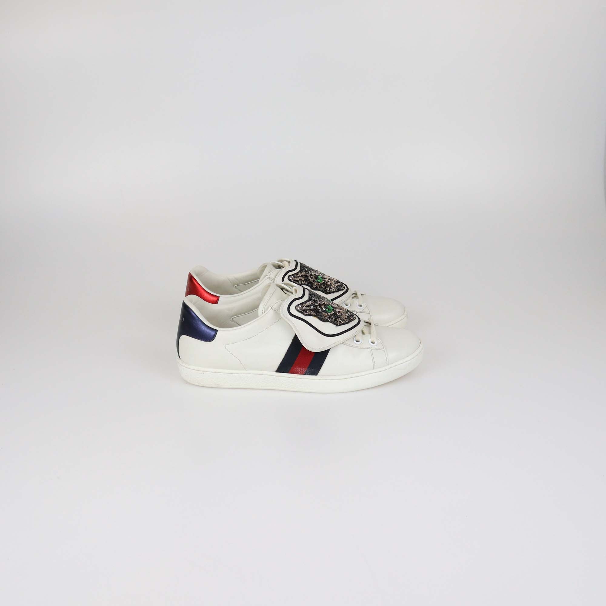 Gucci White Leather Web Ace Cat Patched Sneakers