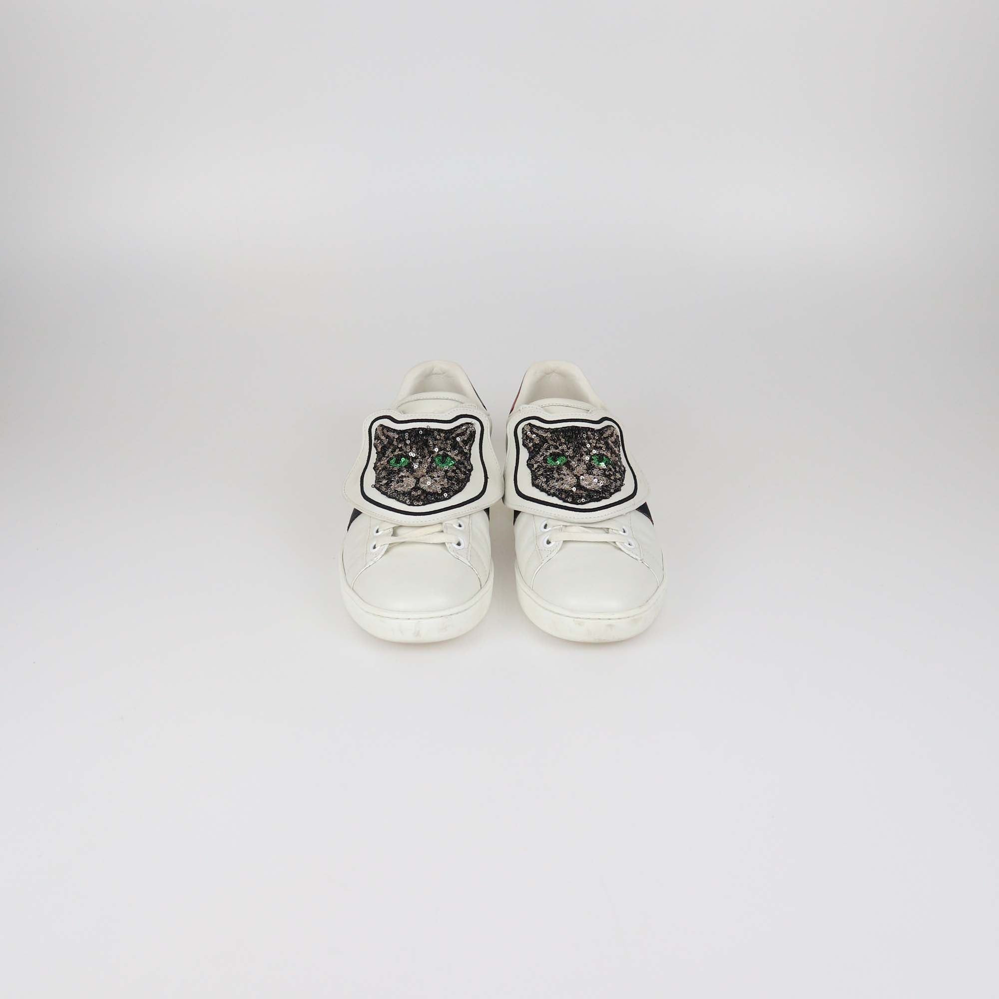 Gucci White Leather Web Ace Cat Patched Sneakers