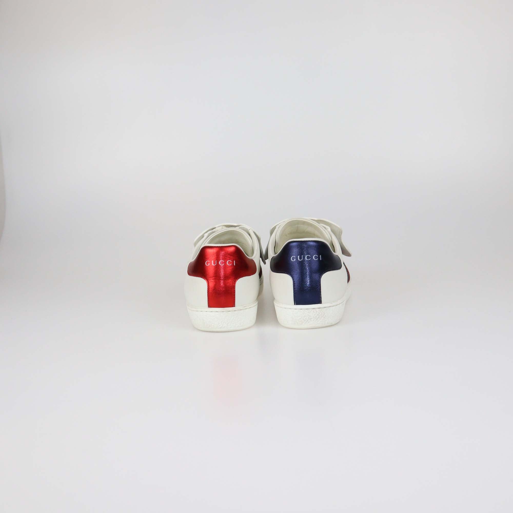 Gucci White Leather Web Ace Cat Patched Sneakers