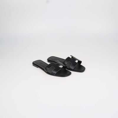 Hermes Black Box Calf Leather Oran Sandals
