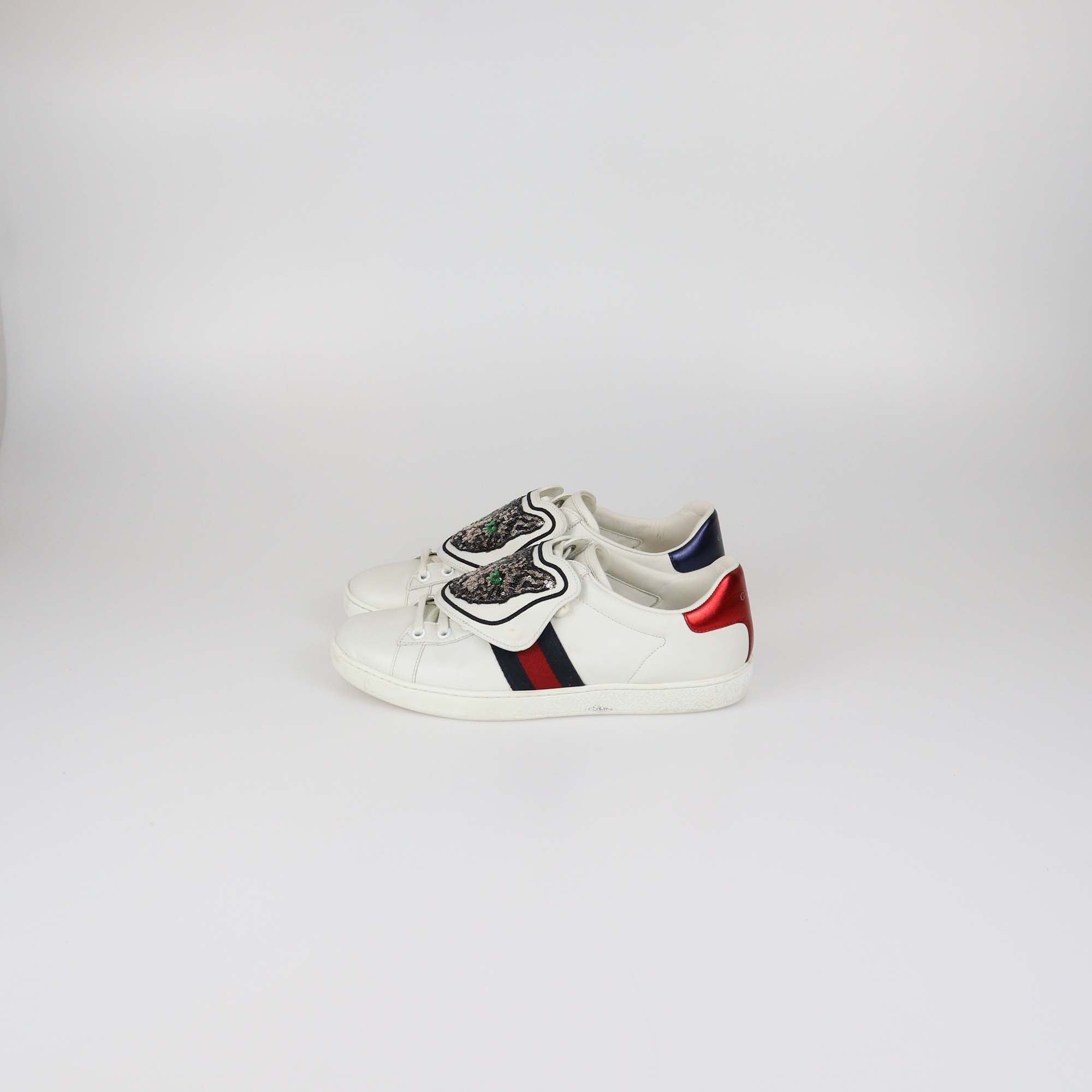 Gucci White Leather Web Ace Cat Patched Sneakers