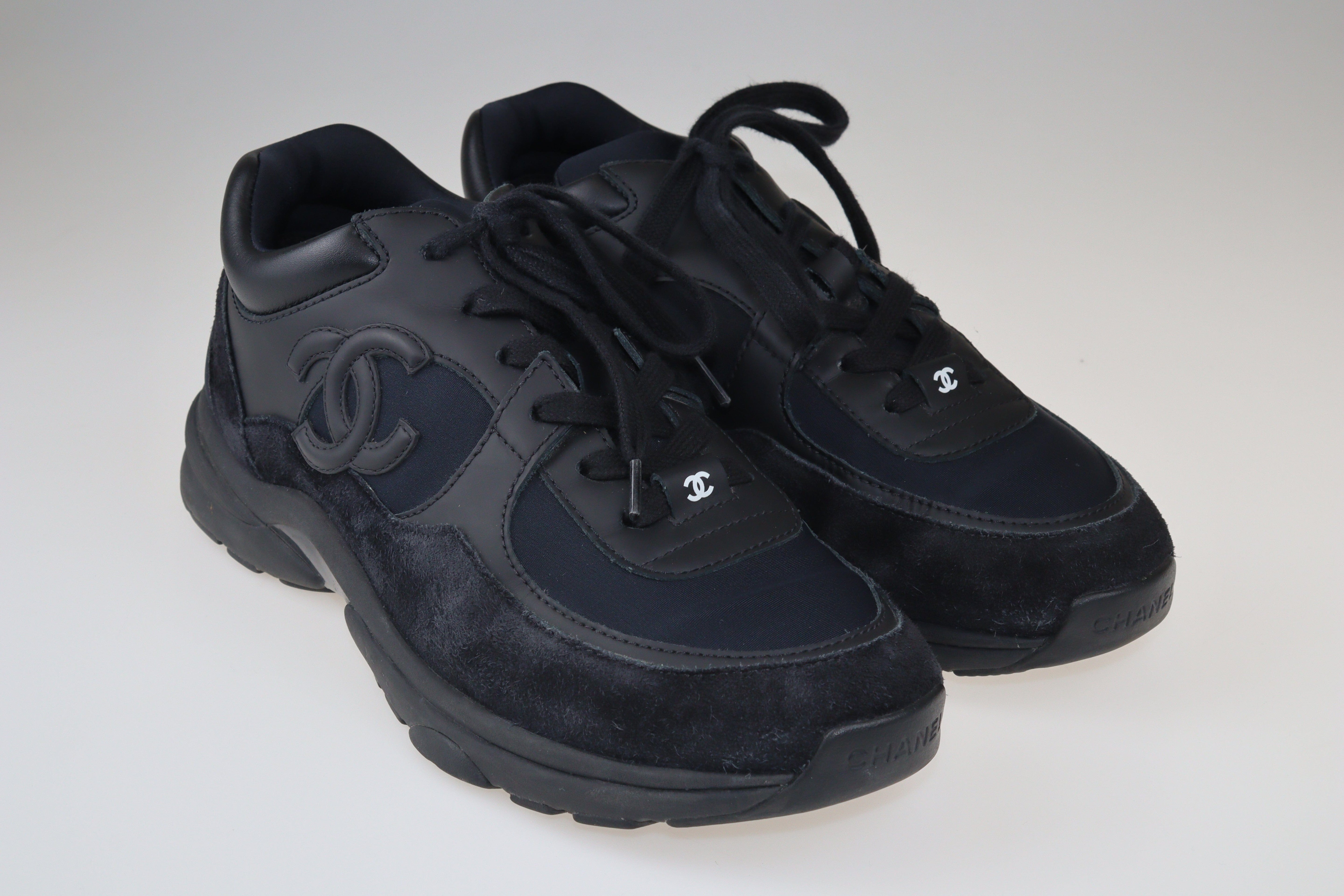 Black Suede and Fabric CC Low Top Sneakers Shoes Chanel 