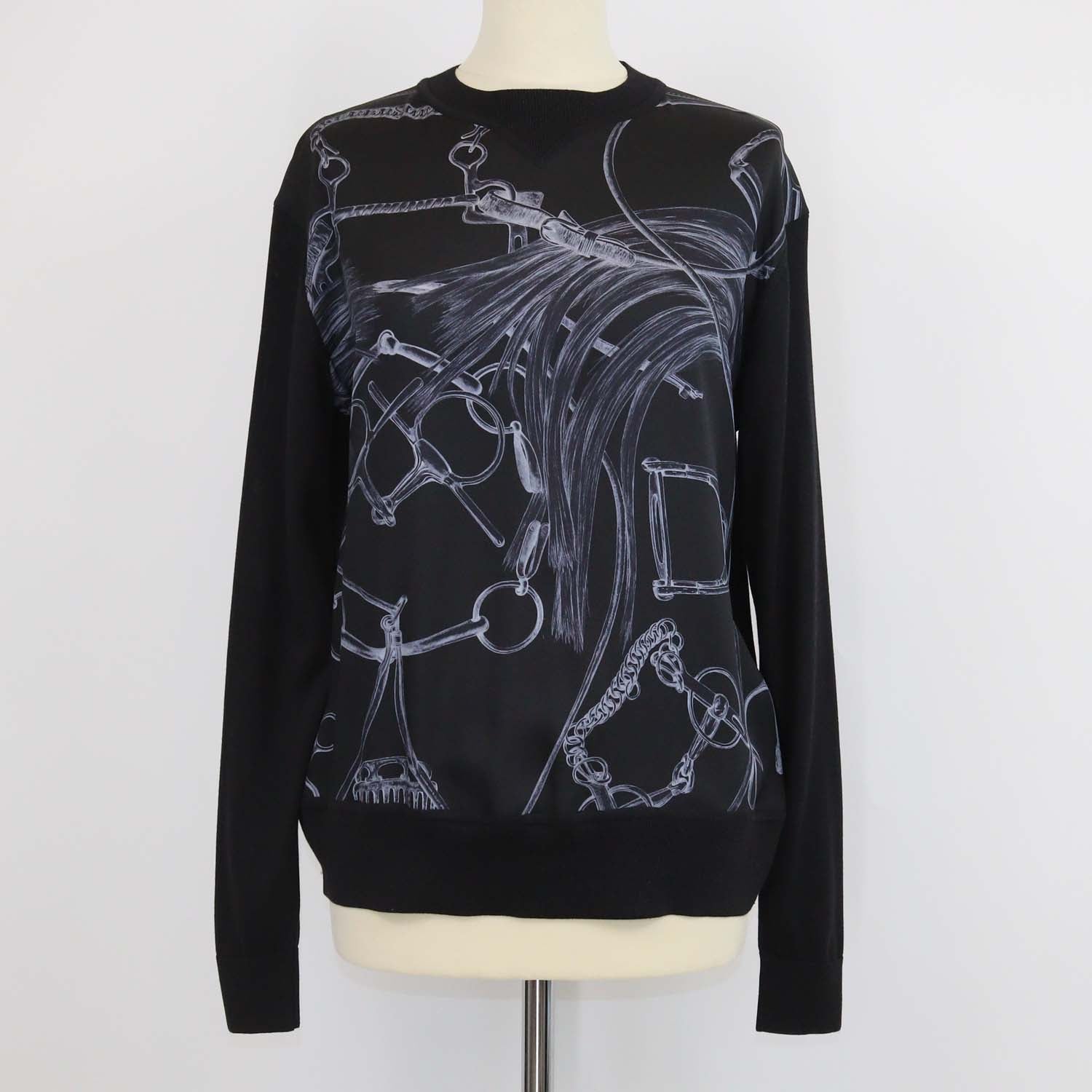 Hermes Black Silk Projects Carre au Crayon Print Long Sleeve Top