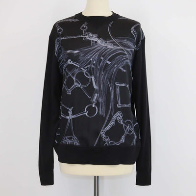 Hermes Black Silk Projects Carre au Crayon Print Long Sleeve Top