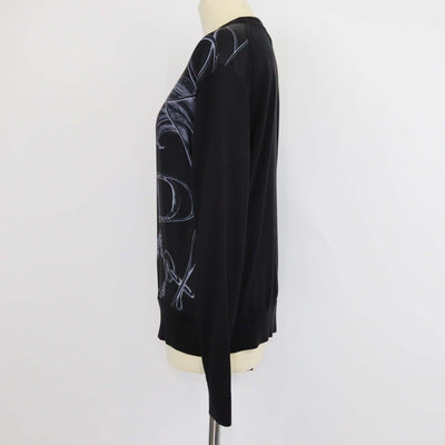 Hermes Black Silk Projects Carre au Crayon Print Long Sleeve Top