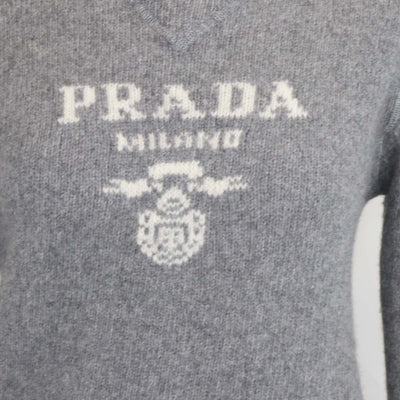 Prada Grey Cashmere and Wool Logo Crew Neck Sweater