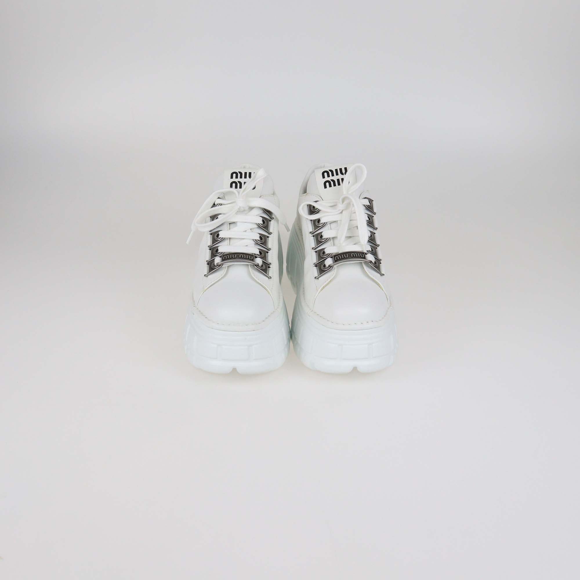 Miu Miu White Leather Low Top Platform Sneakers