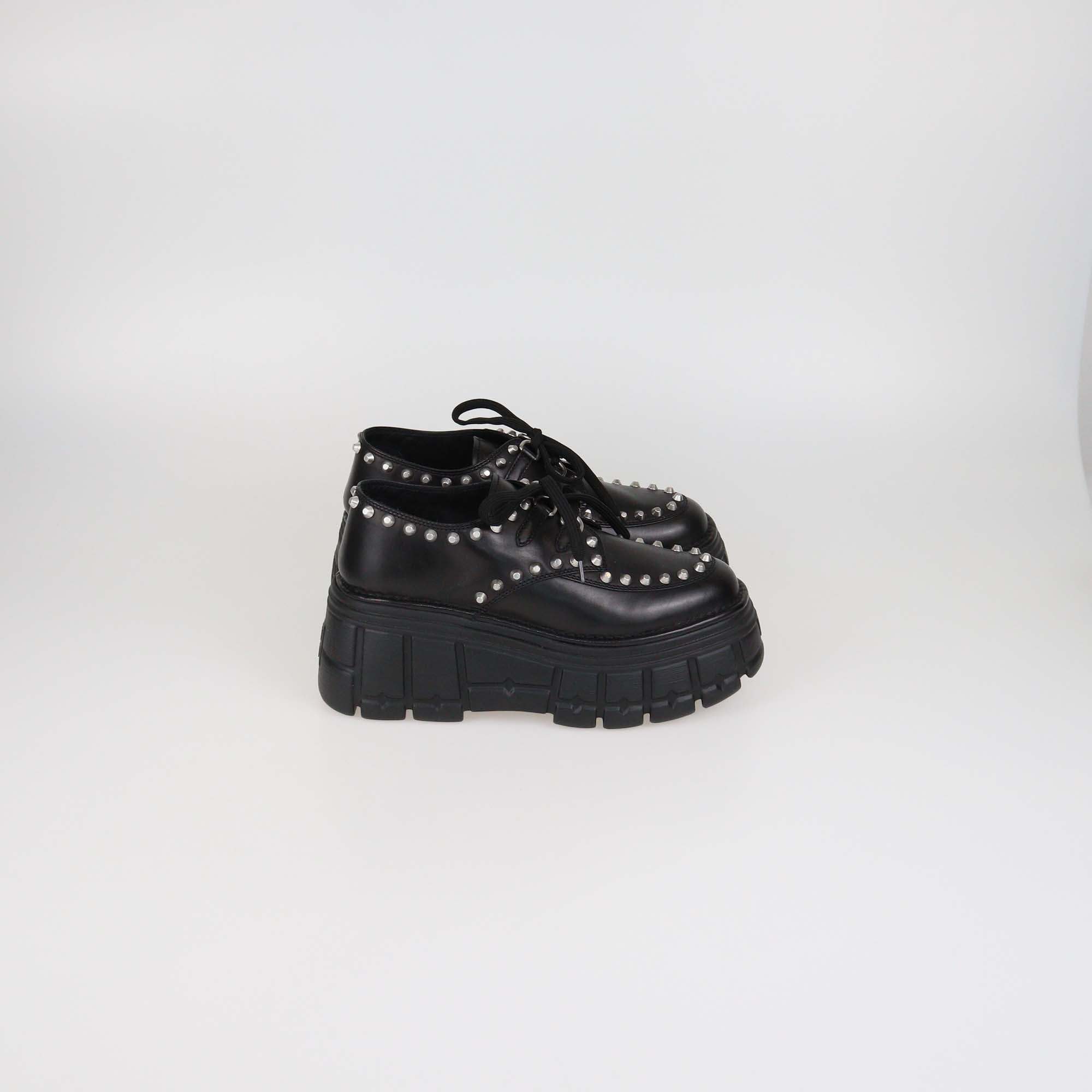 Miu Miu Black Leather Studded Platform Lace Up Derby Shoes