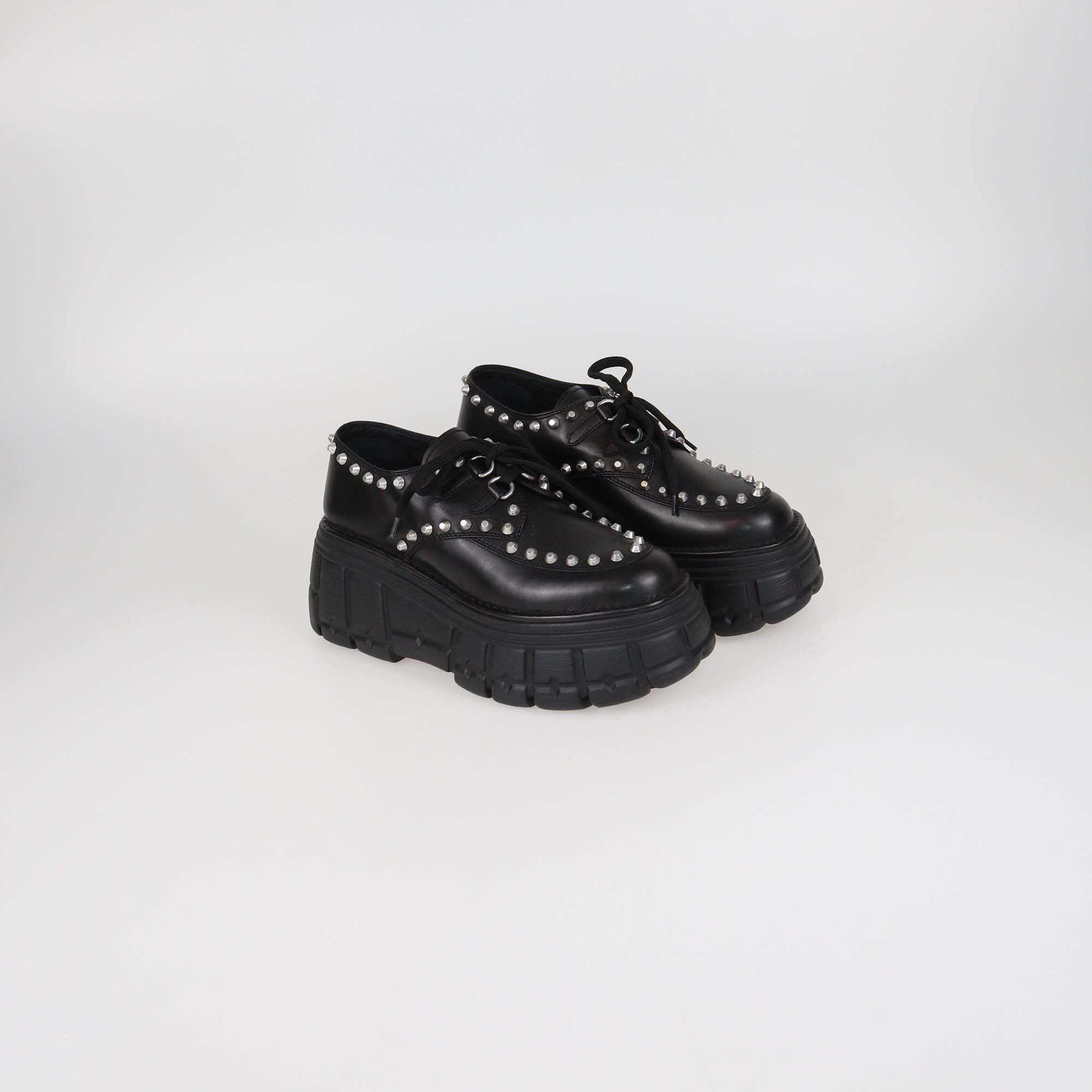 Miu Miu Black Leather Studded Platform Lace Up Derby Shoes