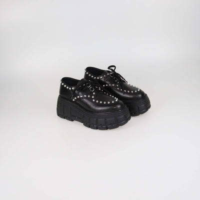 Miu Miu Black Leather Studded Platform Lace Up Derby Shoes