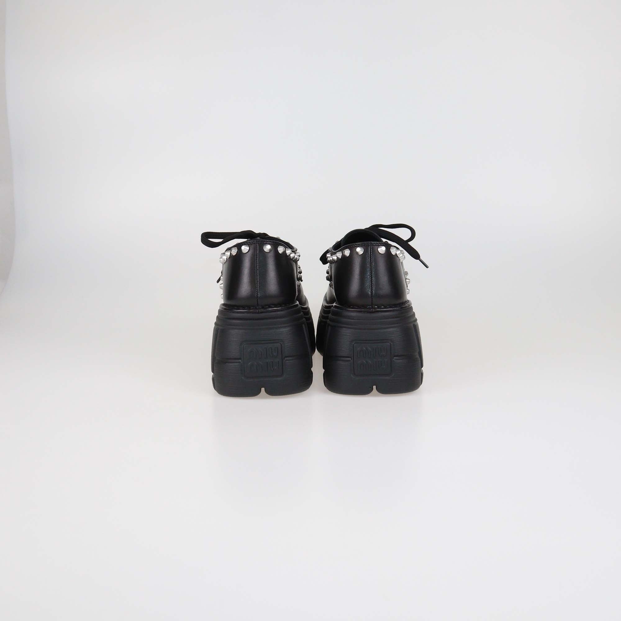 Miu Miu Black Leather Studded Platform Lace Up Derby Shoes