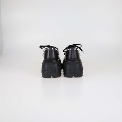 Miu Miu Black Leather Studded Platform Lace Up Derby Shoes