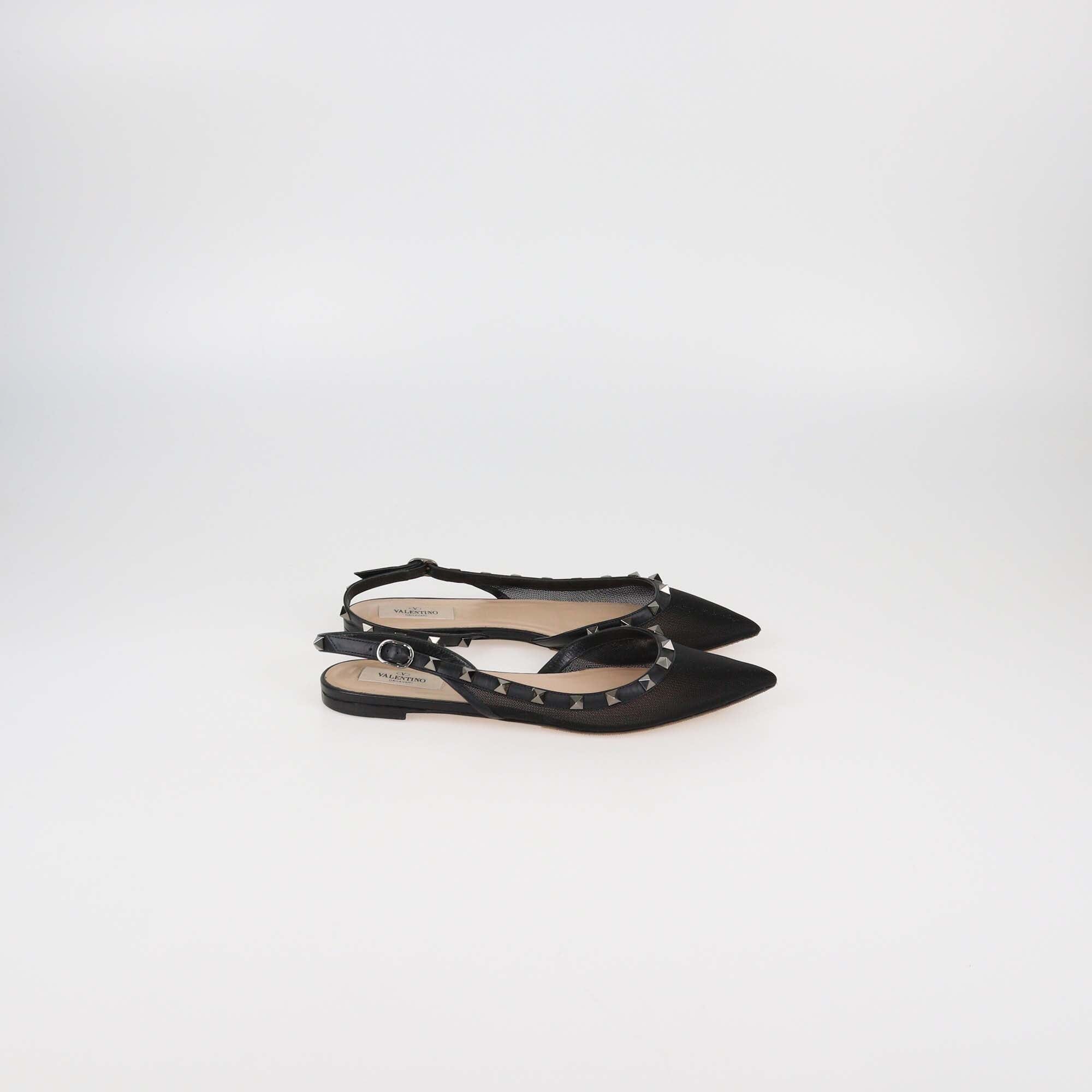 Valentino Black Mesh and Leather Rockstud Pointed Toe Slingback Flats Womens Valentino 