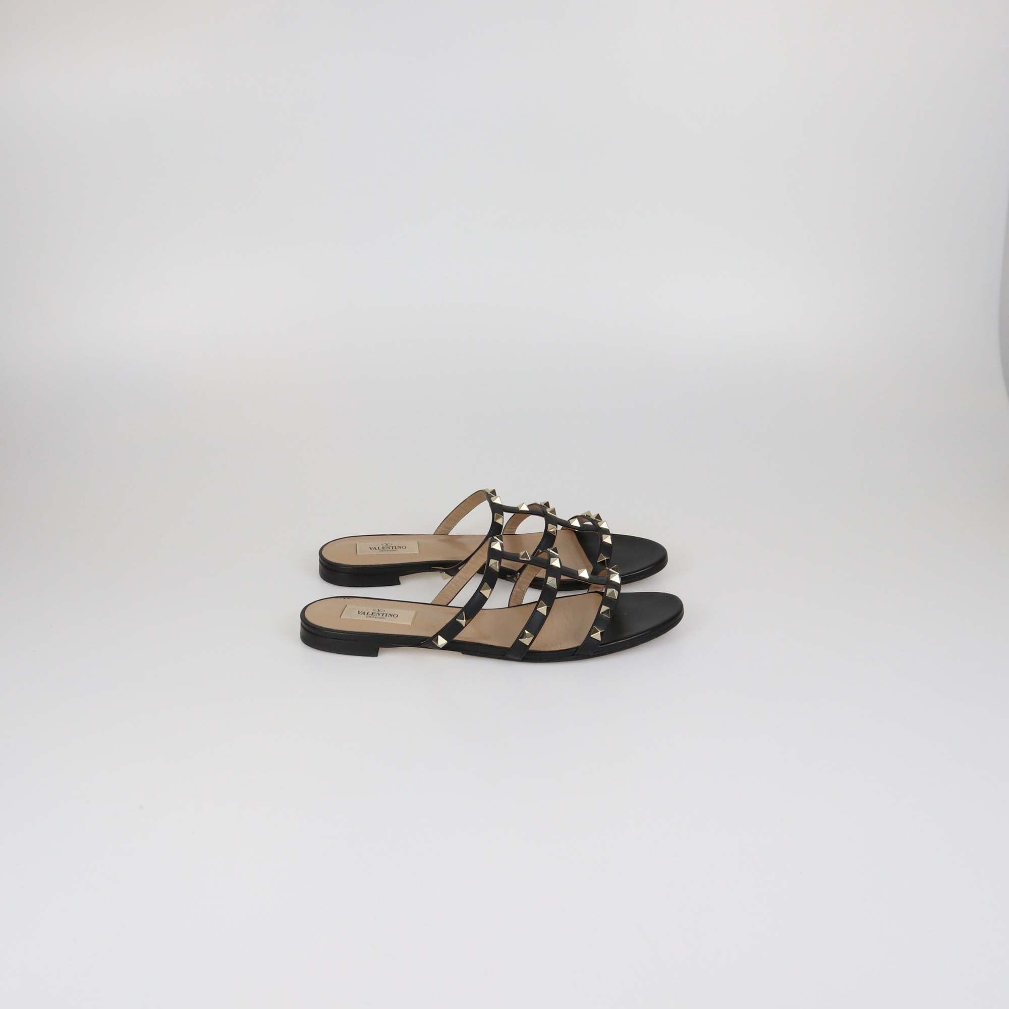 Valentino Black Leather Rockstud T-Strap Caged Flat Mules