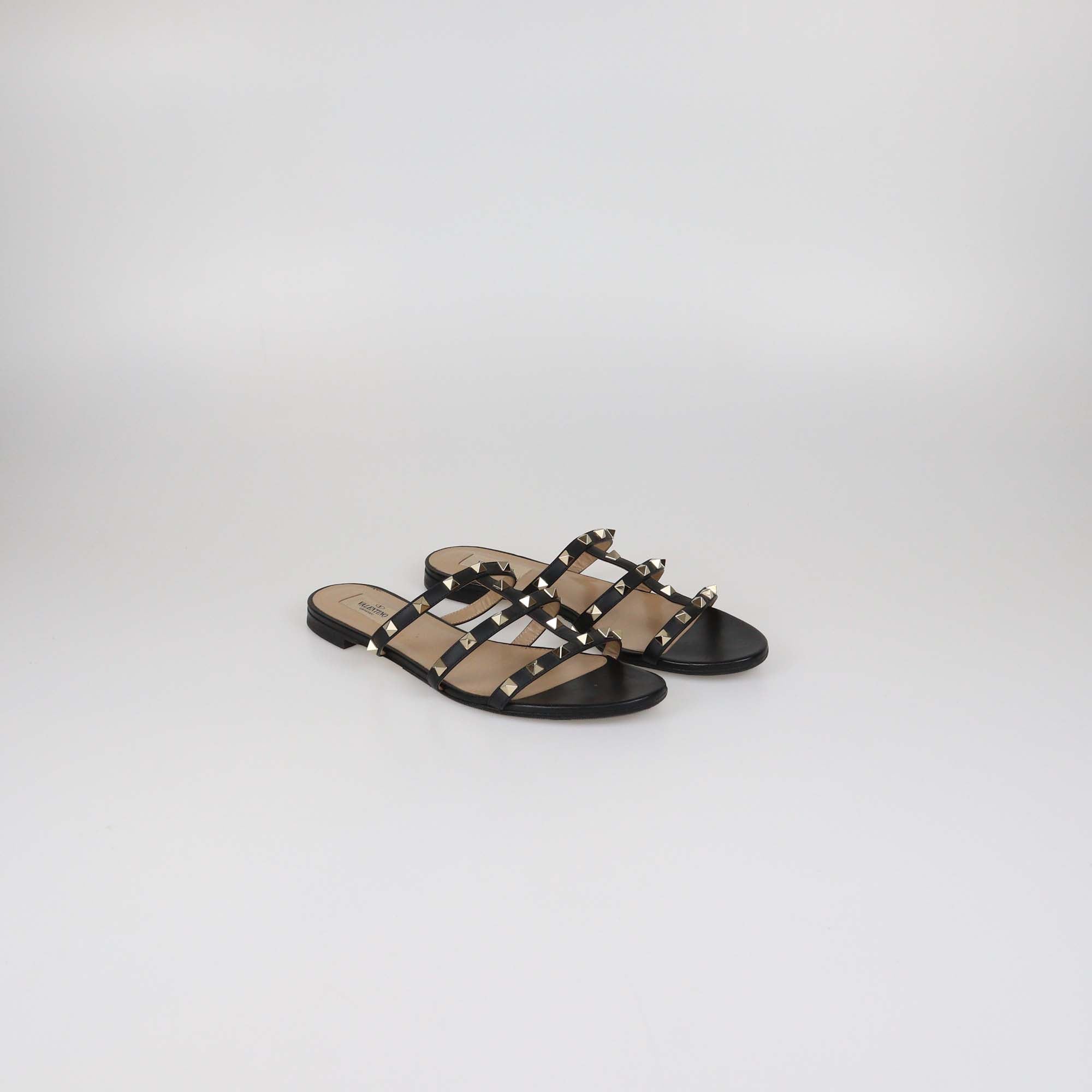 Valentino Black Leather Rockstud T-Strap Caged Flat Mules