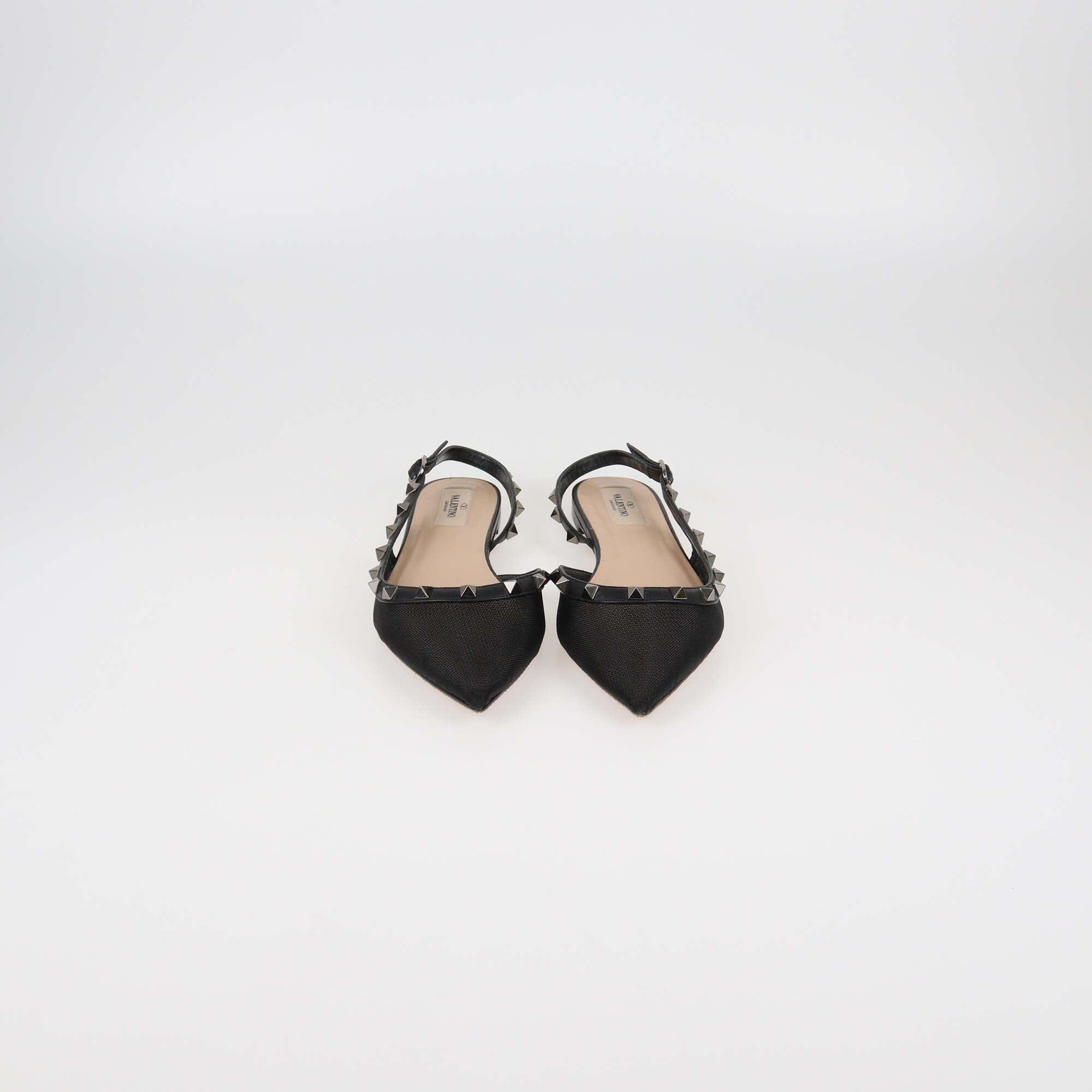 Valentino Black Mesh and Leather Rockstud Pointed Toe Slingback Flats Womens Valentino 